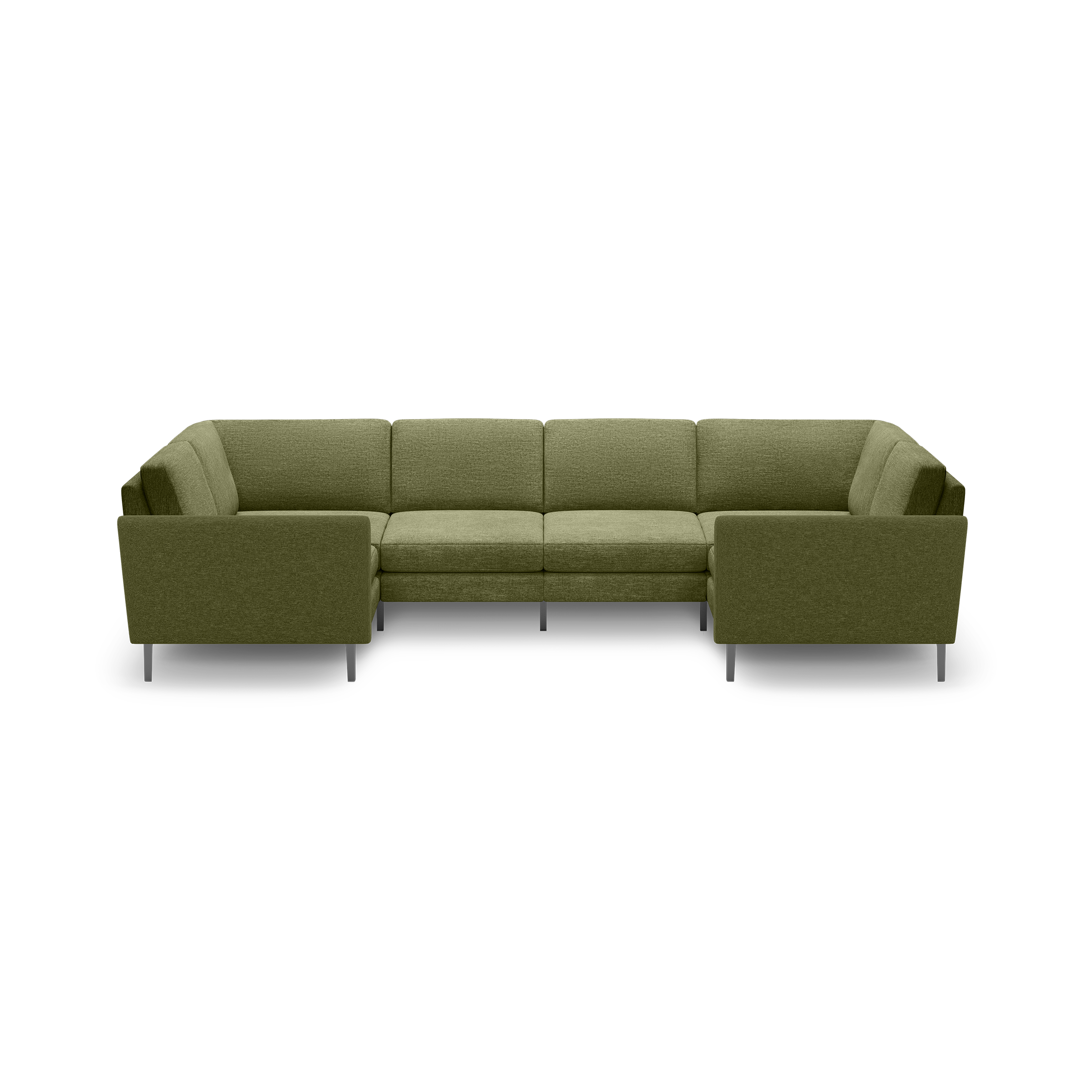 Olive green fabric sectional sofa with clean lines, metal legs, and plush cushions, designed for spacious seating.