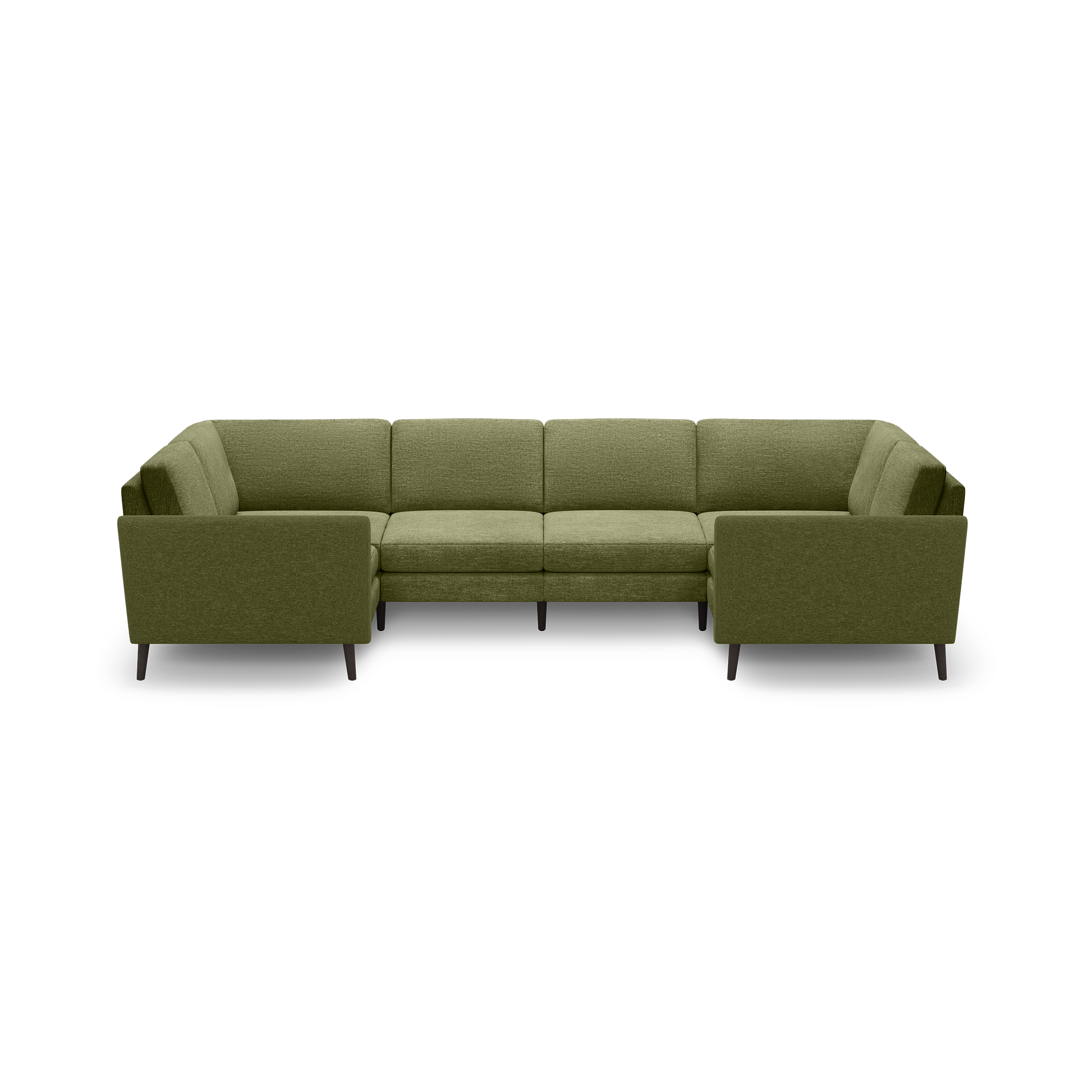 Olive green U-shaped sectional sofa with clean lines, cushioned seats, and tapered wooden legs, designed for spacious seating.