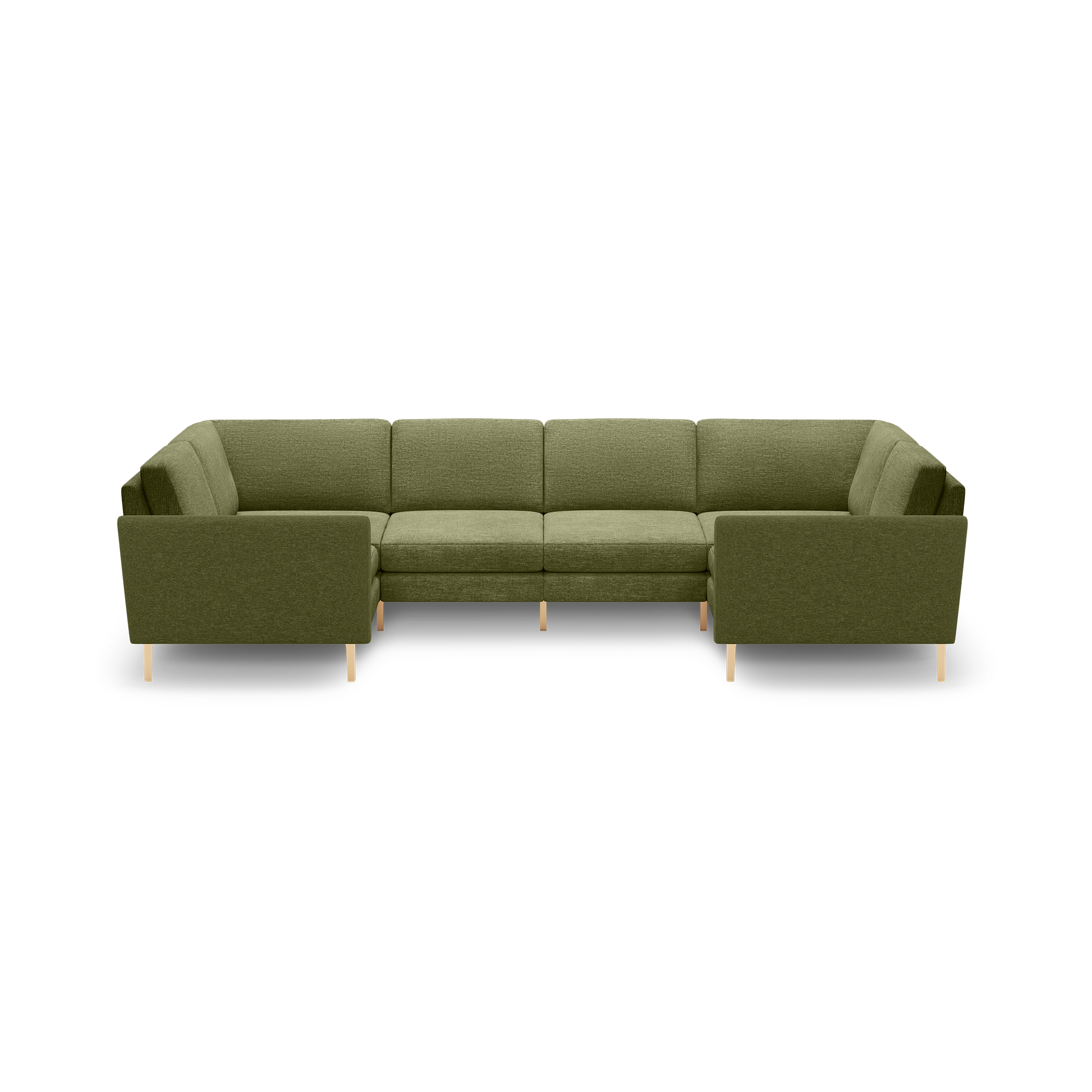 Olive green upholstered fabric sectional sofa with clean lines, square arms, and light wooden legs.