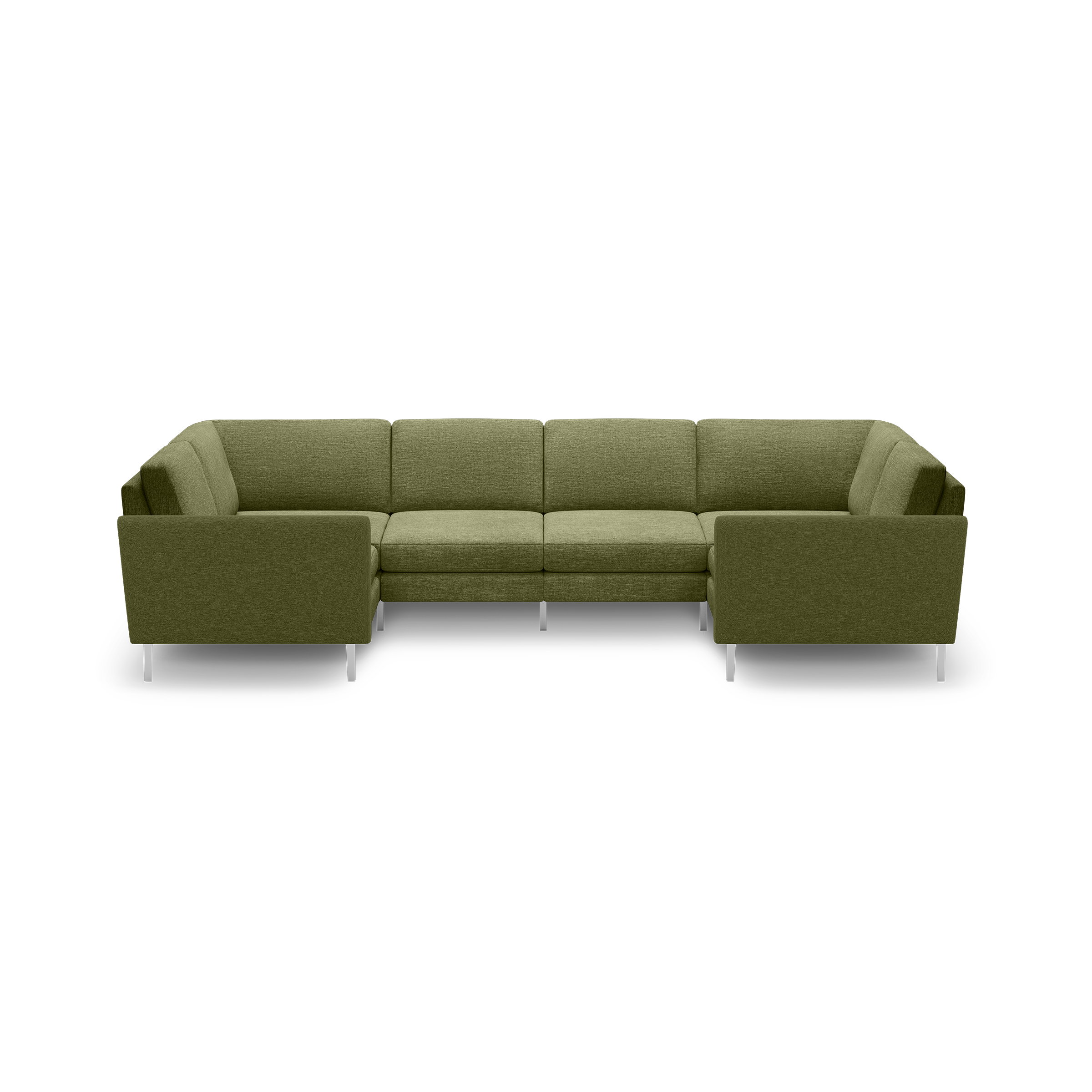 Olive green U-shaped sectional sofa with metal legs, modern design, cushioned seats and backs, suitable for spacious living rooms.