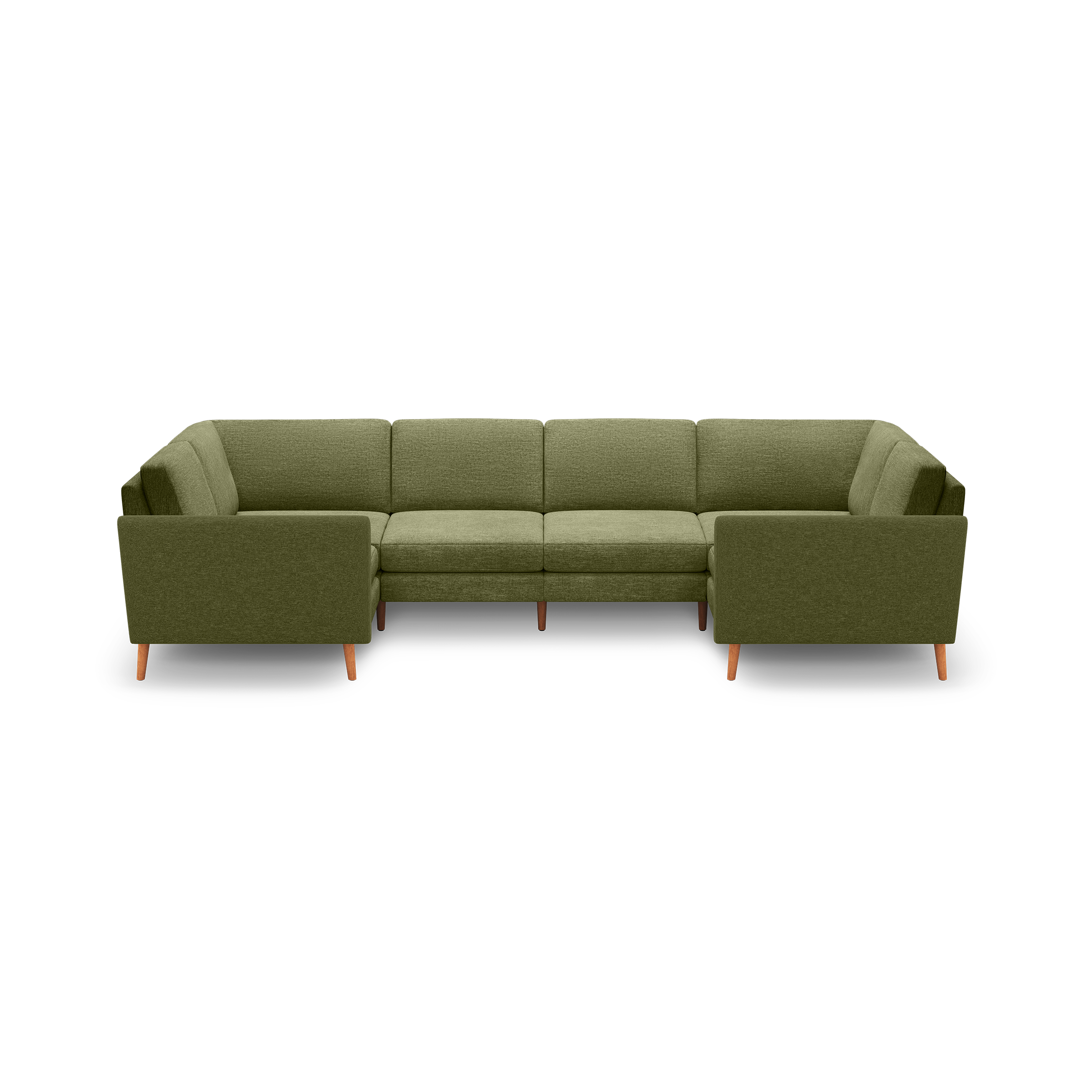 Green fabric upholstered modern sectional sofa with wooden legs, featuring a spacious L-shaped design.