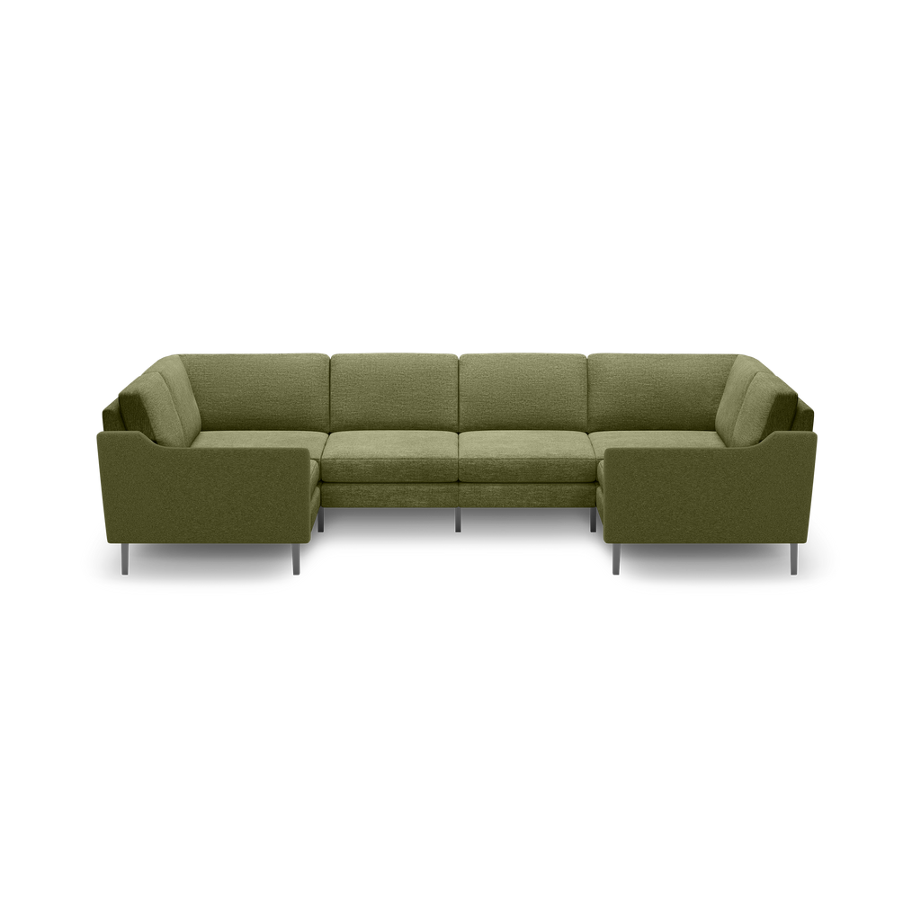 Olive green modern sectional sofa with metal legs, featuring clean lines and plush cushions, designed for spacious seating.
