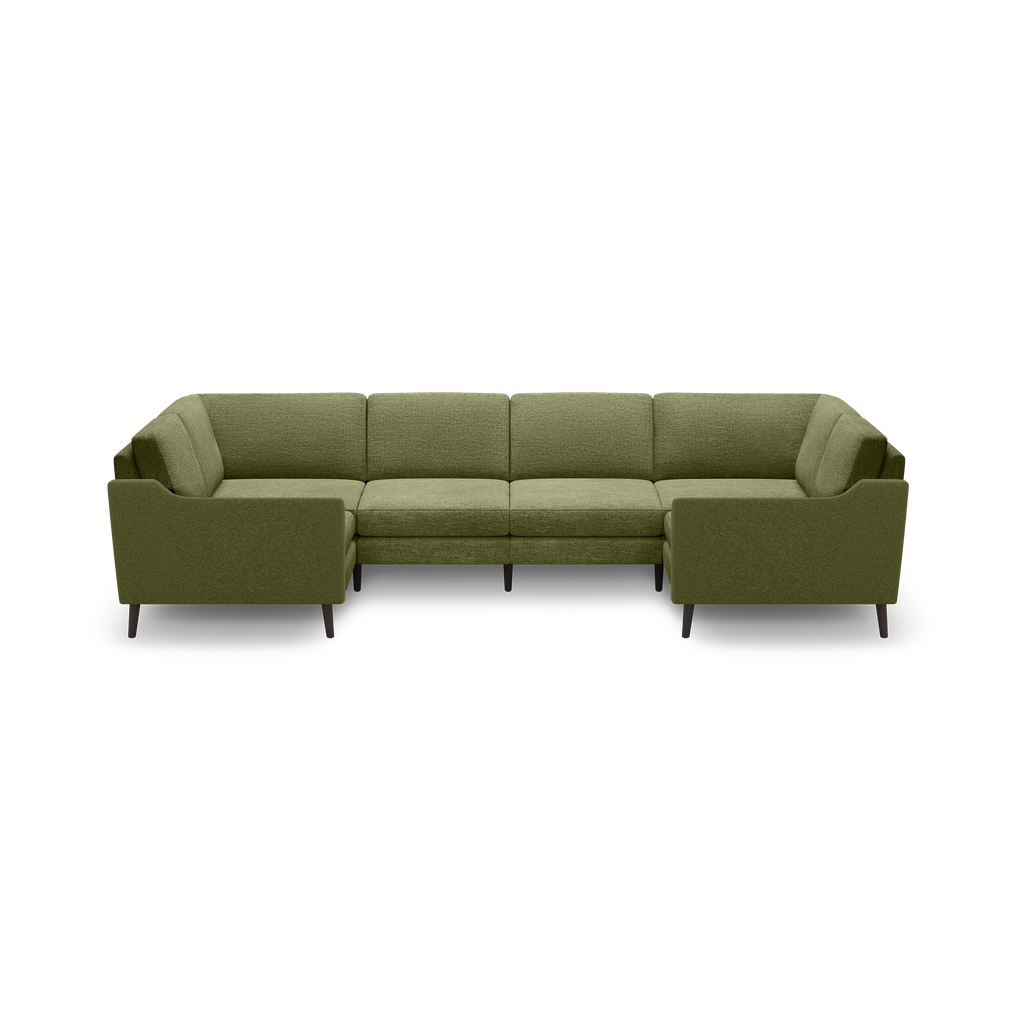 Olive green fabric sectional sofa with wooden legs, featuring clean lines and cushioned back and seat for modern comfort.