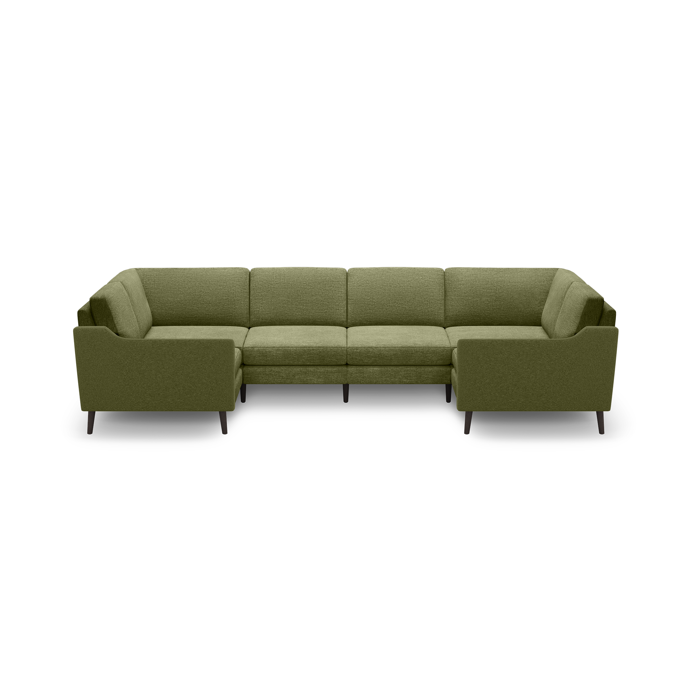 Olive green fabric sectional sofa with wooden legs, featuring clean lines and cushioned back and seat for modern comfort.