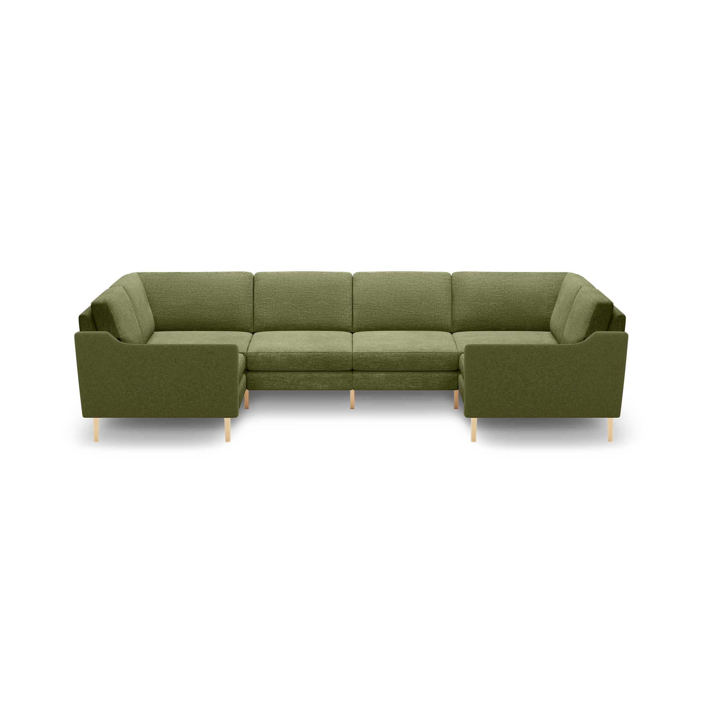 Olive green fabric U-shaped sectional sofa with clean lines, cushioned seats, and light wooden legs, set against a black background.