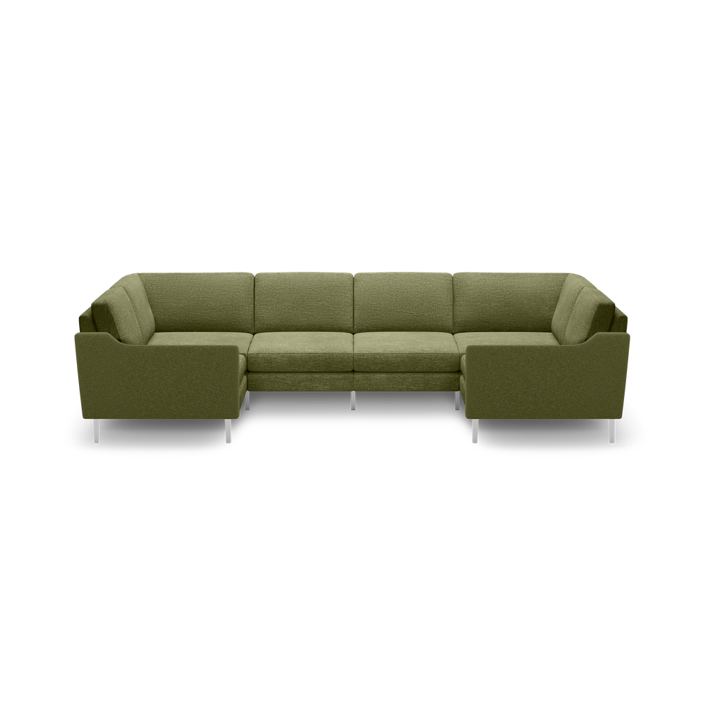 Modern U-shaped sectional sofa with olive green fabric upholstery and sleek silver metal legs against black background.