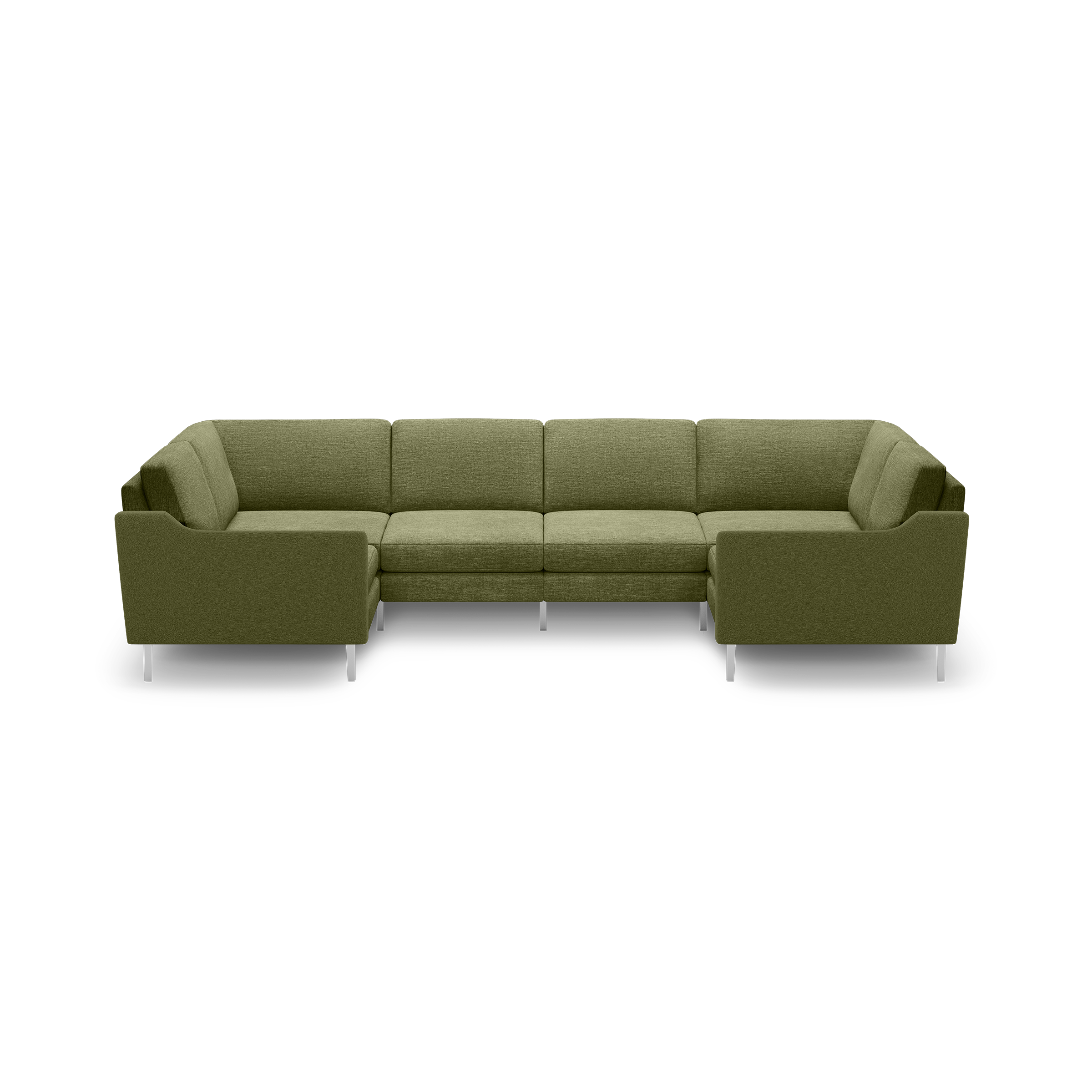 Modern U-shaped sectional sofa with olive green fabric upholstery and sleek silver metal legs against black background.