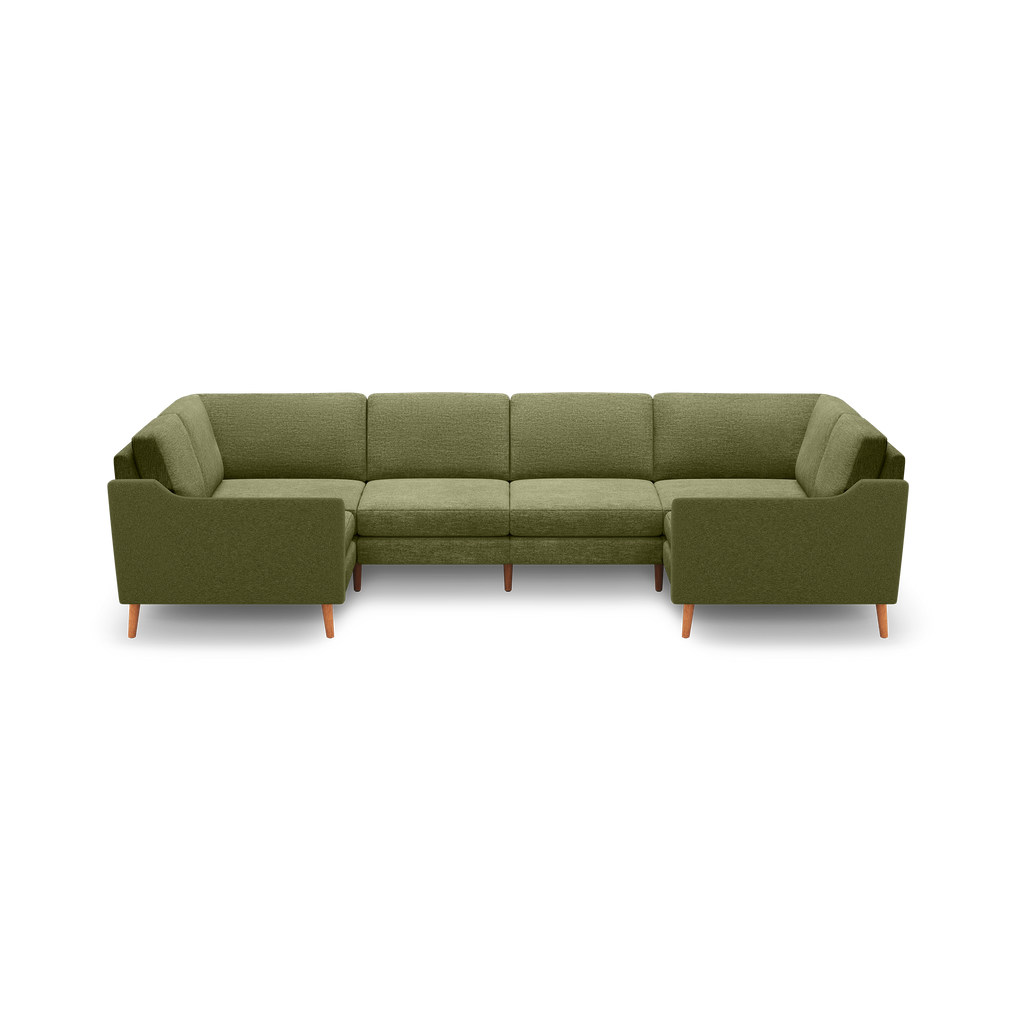 Olive green modern sectional sofa with clean lines, cushioned seats and backs, and wooden tapered legs.