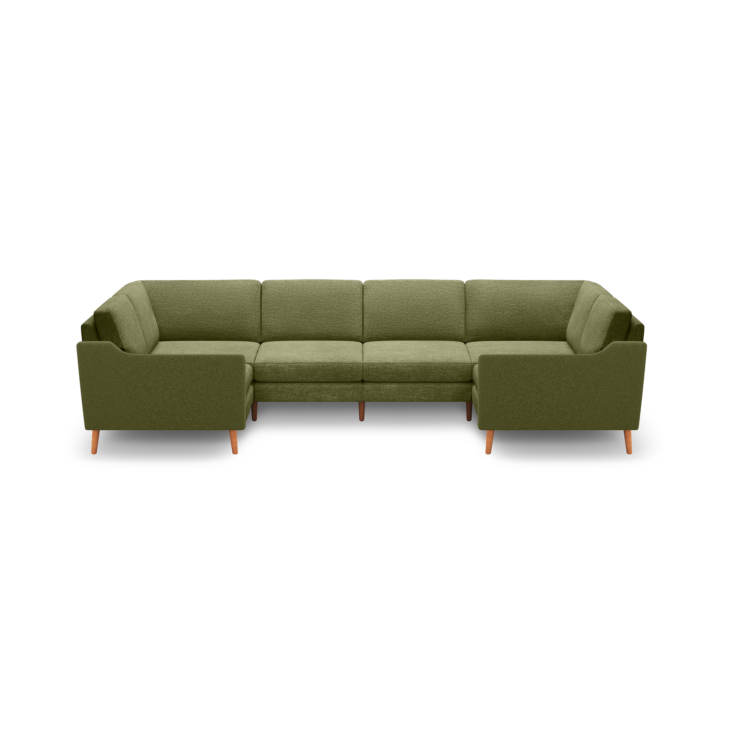 Olive green modern sectional sofa with clean lines, cushioned seats and backs, and wooden tapered legs.