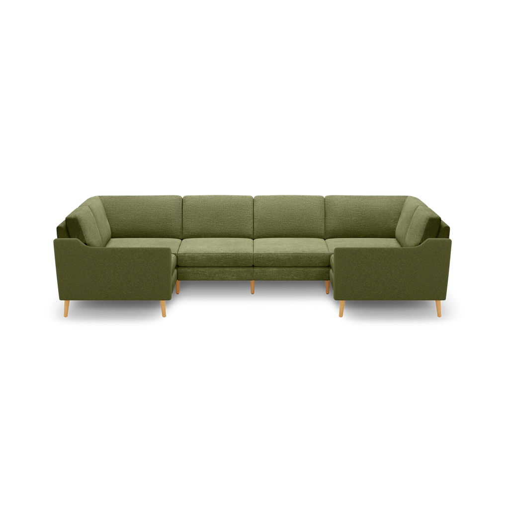 Olive green fabric U-shaped sectional sofa with wooden legs, plush seating, and clean, modern design.