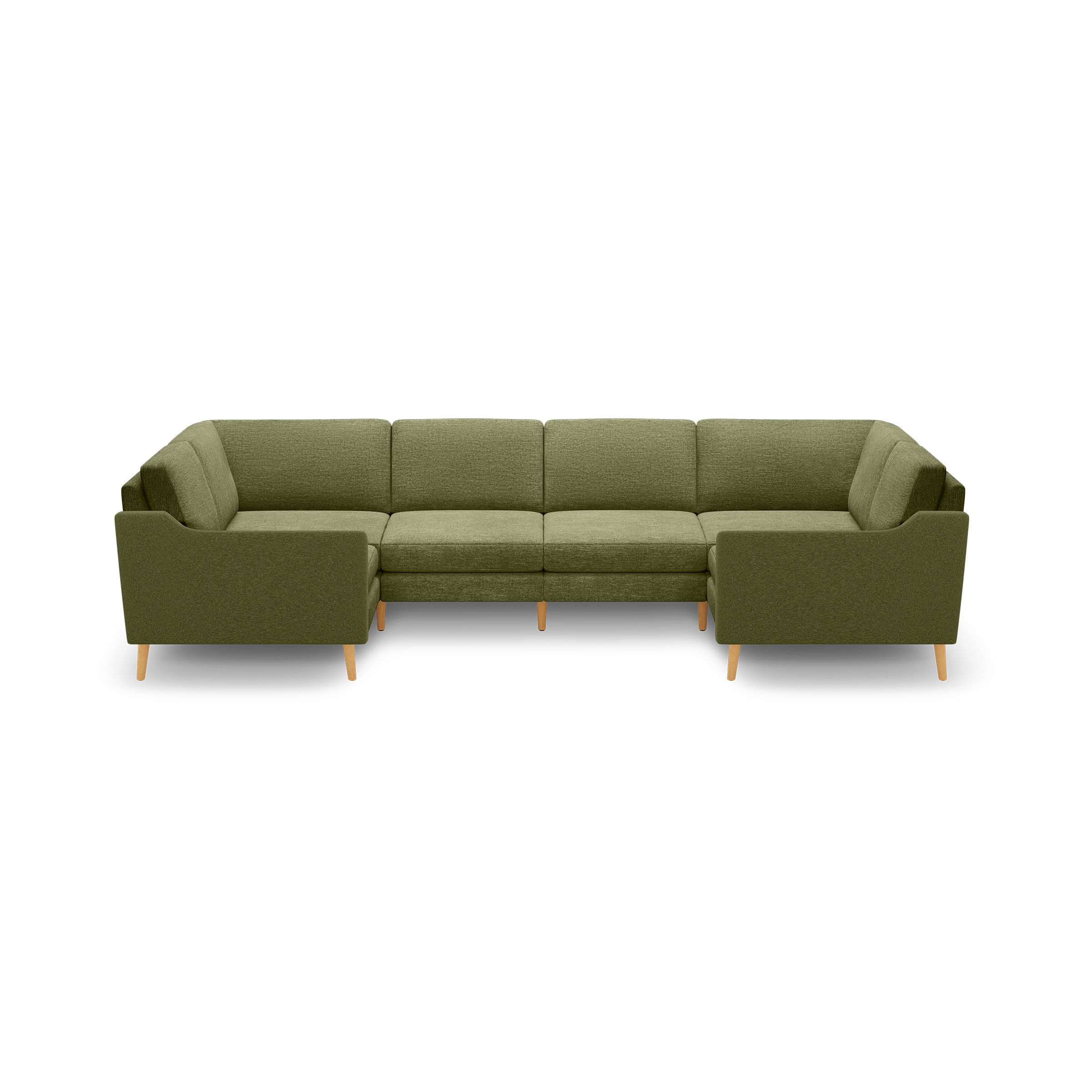 Olive green fabric U-shaped sectional sofa with wooden legs, plush seating, and clean, modern design.