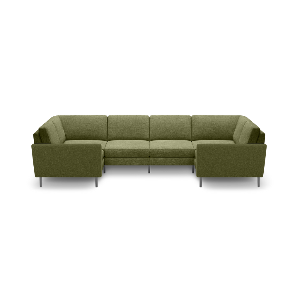Olive green fabric U-shaped sectional sofa with clean lines, firm cushions, and slim metal legs on black background.