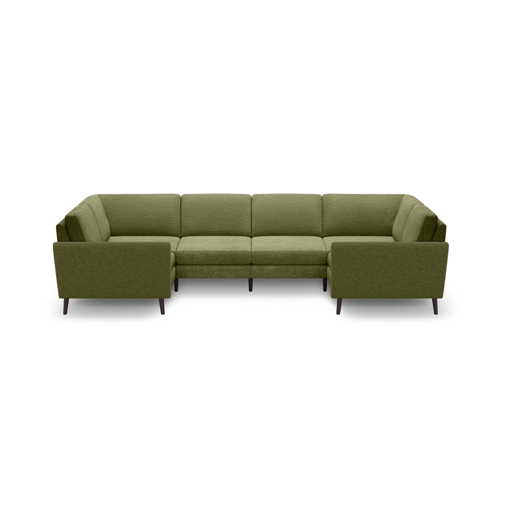 Olive green fabric sectional sofa with clean lines, cushioned backrest, and wooden legs in a modern U-shape design.