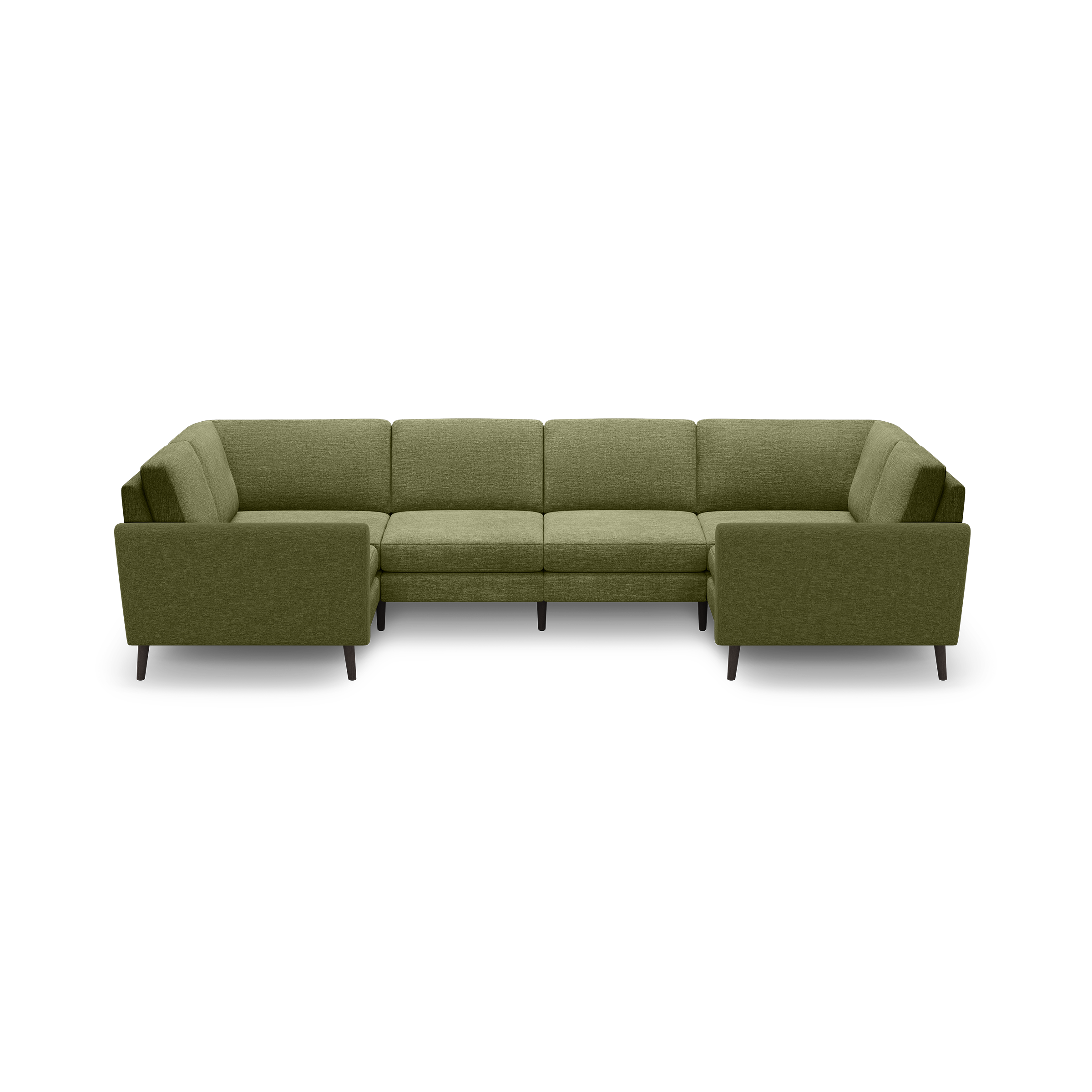 Olive green fabric sectional sofa with clean lines, cushioned backrest, and wooden legs in a modern U-shape design.