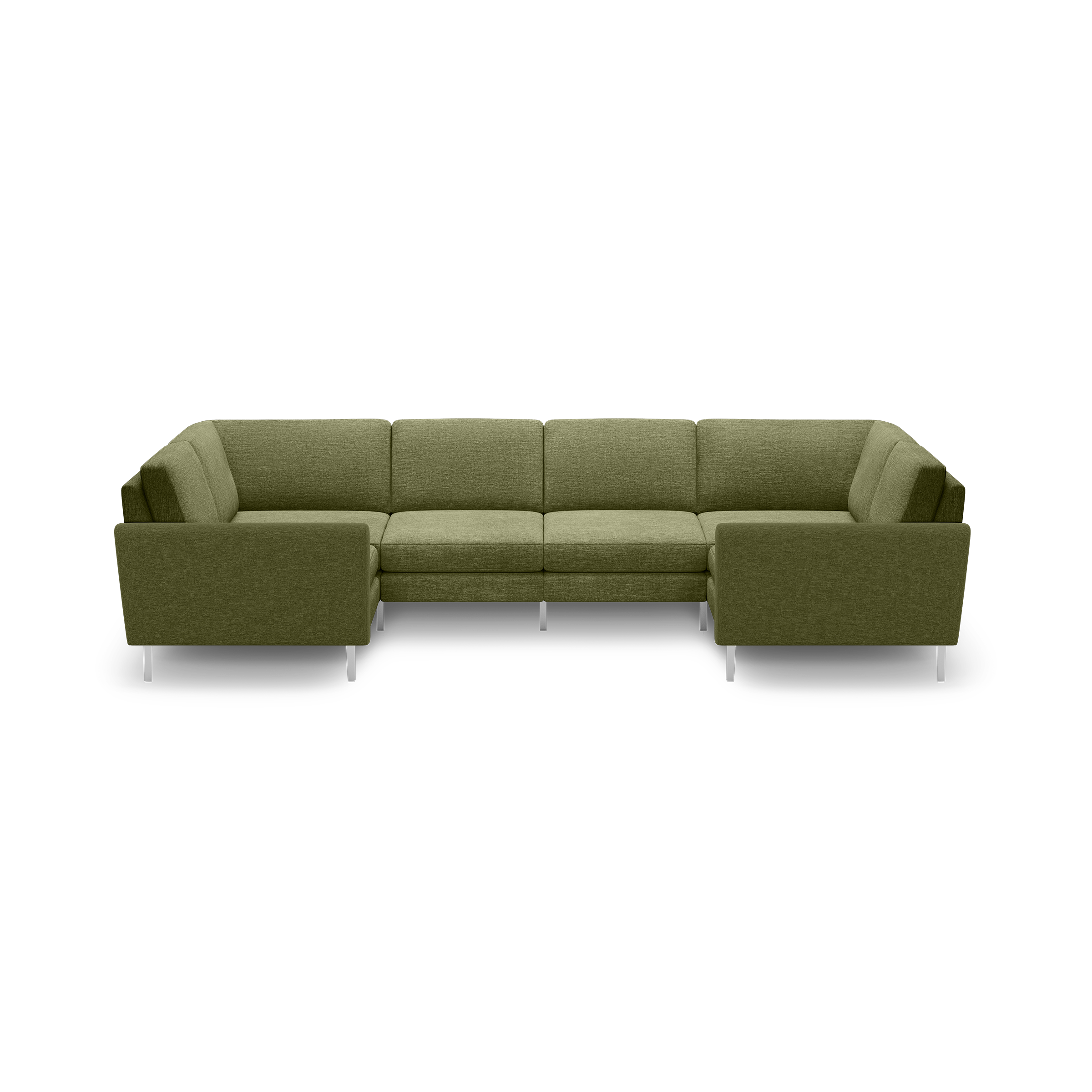 Modern olive green fabric U-shaped sectional sofa with silver metal legs and plush cushions.