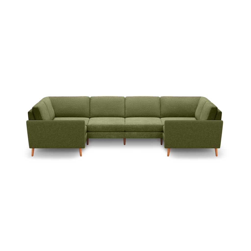 Olive green fabric sectional sofa with wooden legs, featuring a modern design and clean lines, L-shaped configuration.