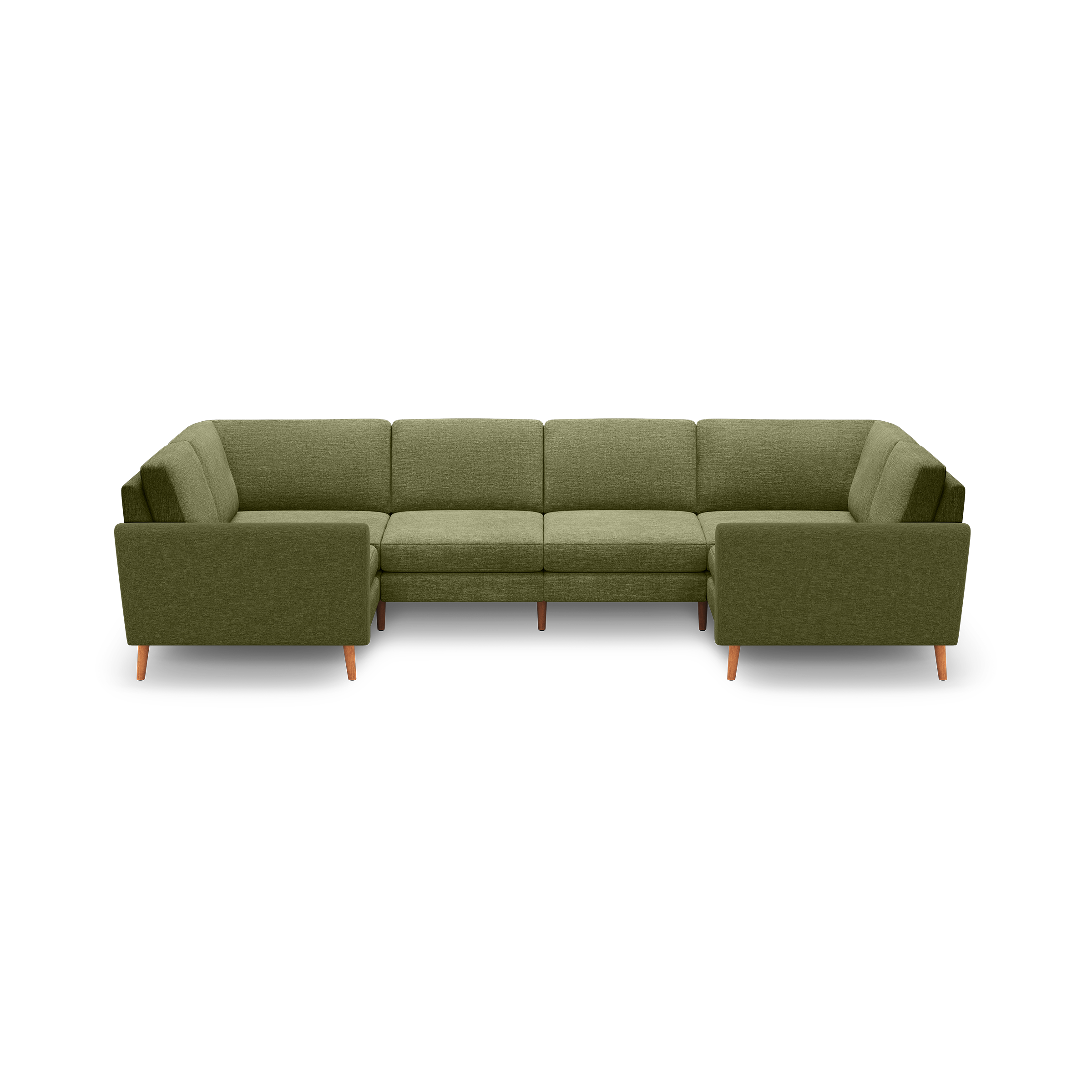 Olive green fabric sectional sofa with wooden legs, featuring a modern design and clean lines, L-shaped configuration.