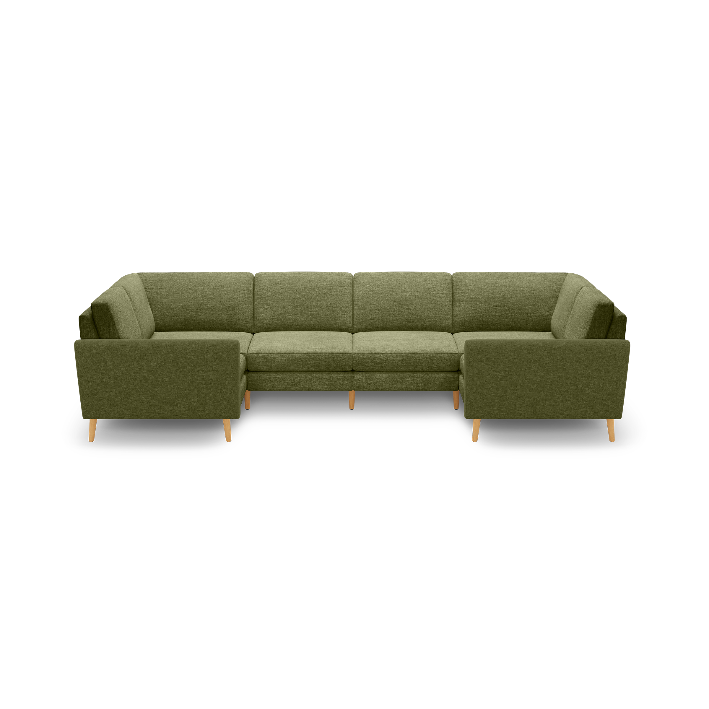 Green upholstered modern sectional sofa with wooden legs, featuring a symmetrical U-shape and cushioned seats and backrests.