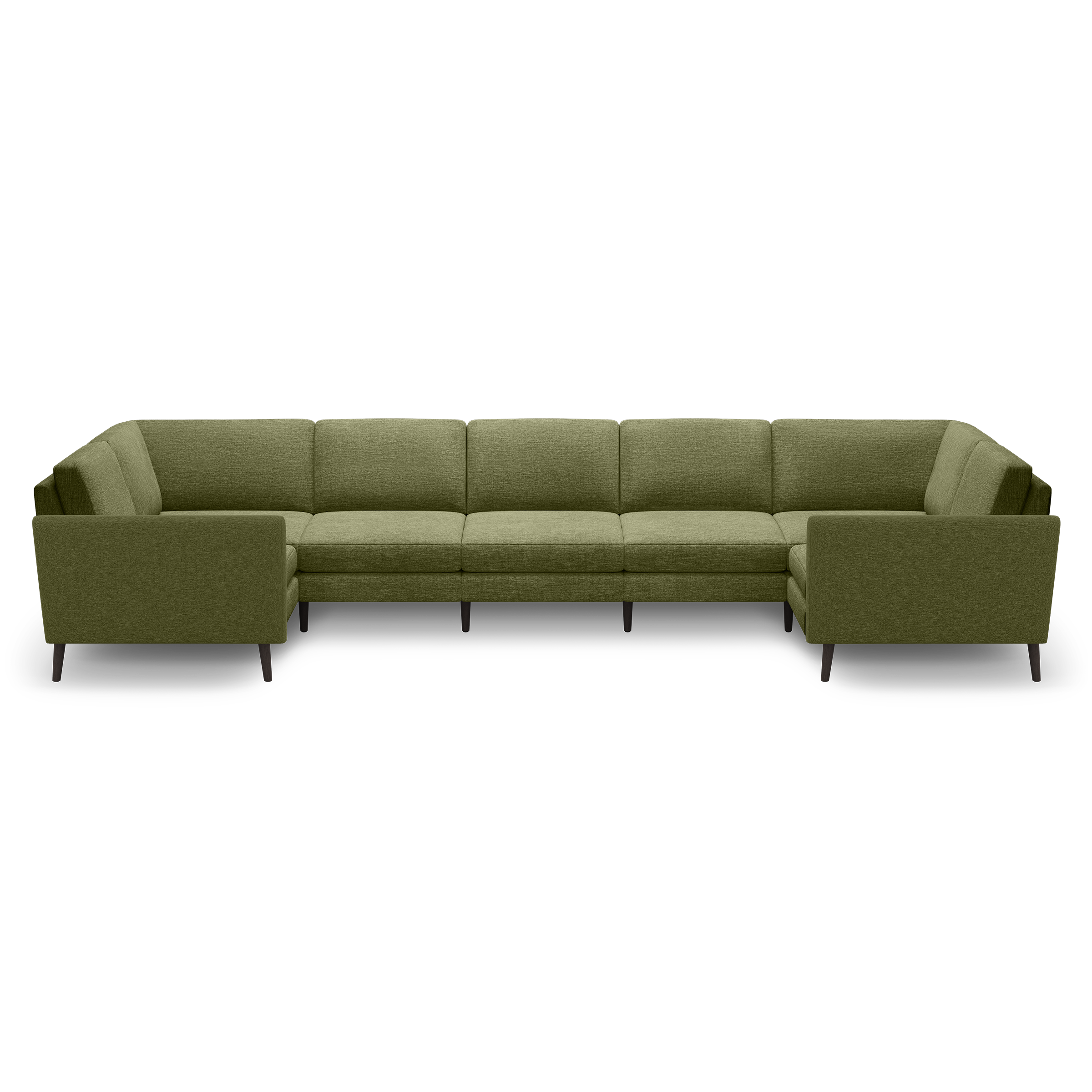 Olive green large sectional sofa with clean lines, cushioned seats, and angled dark wood legs, designed for corner placement.