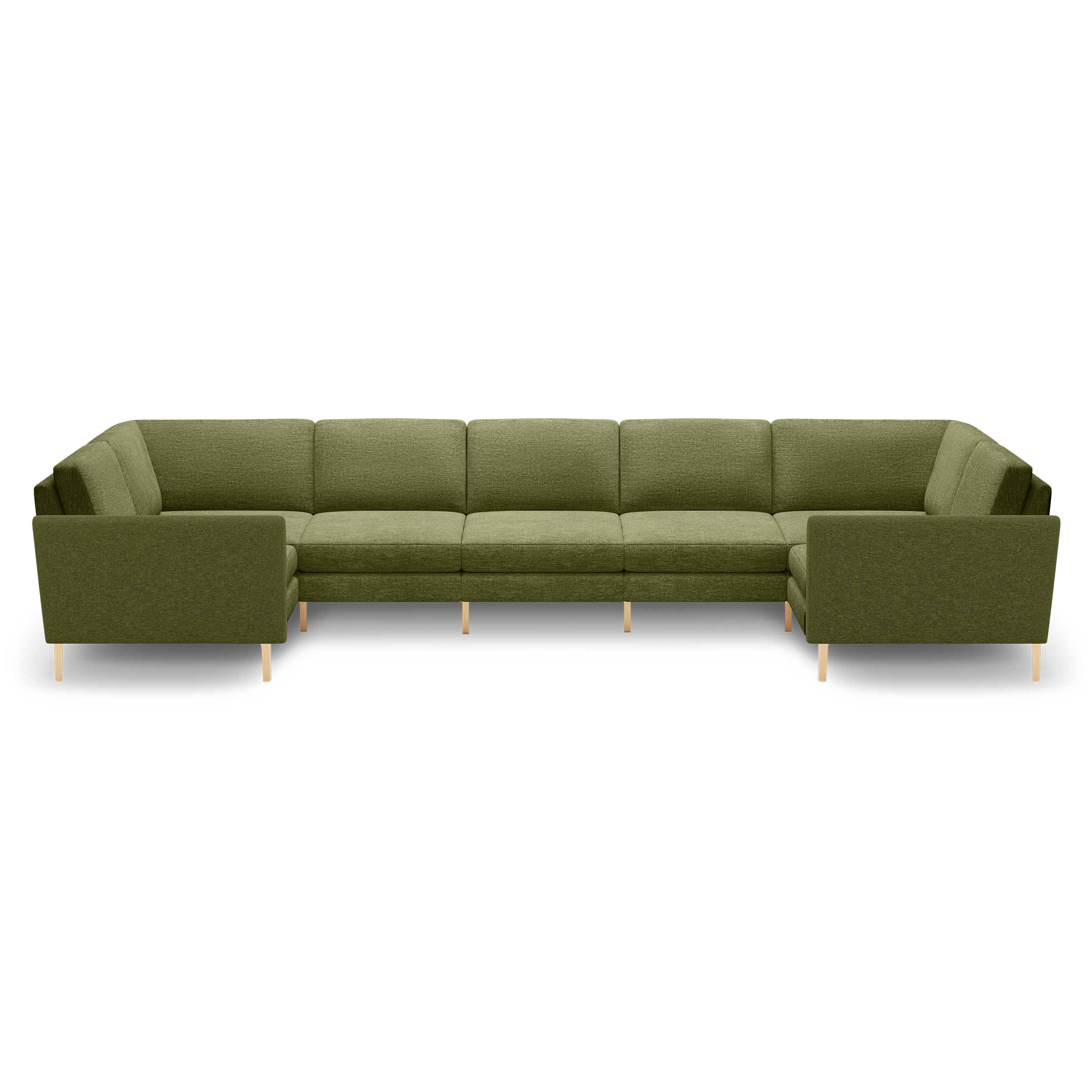 Large olive green U-shaped sectional sofa with clean lines, tufted cushions, and light wooden legs on black background.