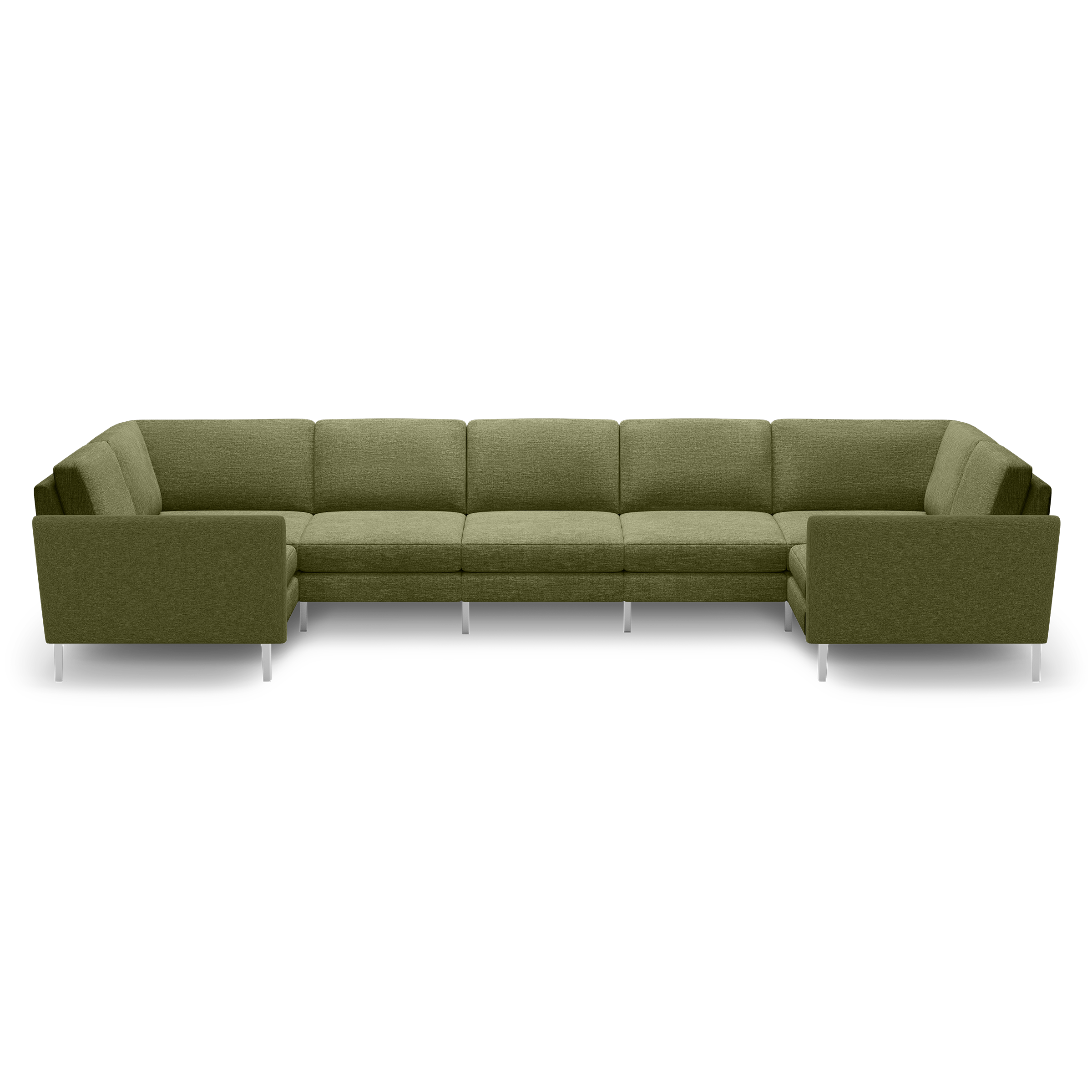 Olive green fabric sectional sofa with metal legs, featuring a modern, clean-lined design and ample seating capacity.