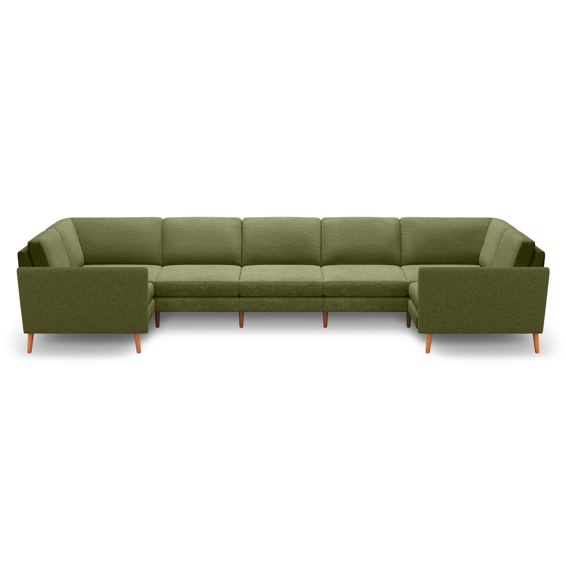 Large olive green sectional sofa with clean lines, cushioned seats and backrests, and wooden tapered legs against black background.