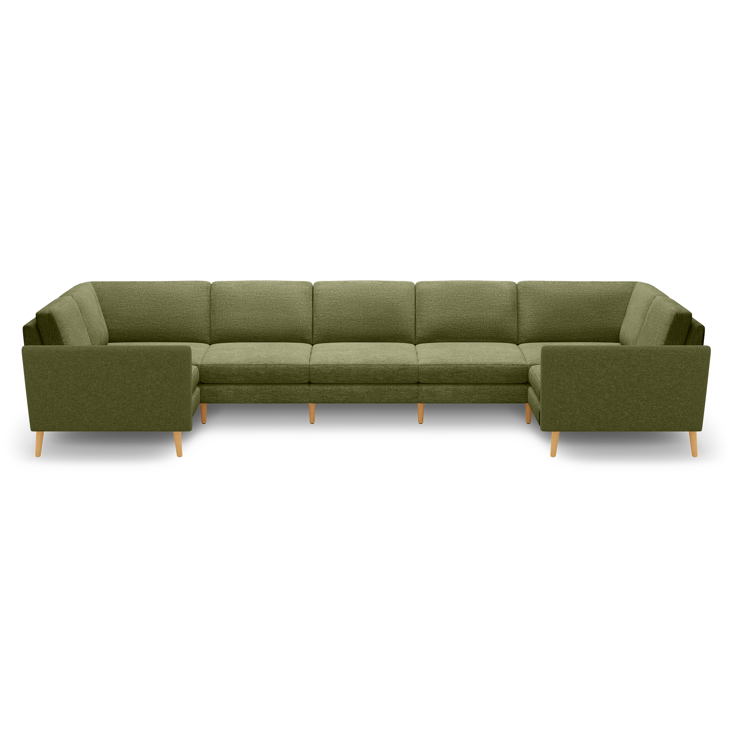 Large olive green fabric sectional sofa with wooden legs, featuring clean lines and modern design, suitable for spacious living rooms.