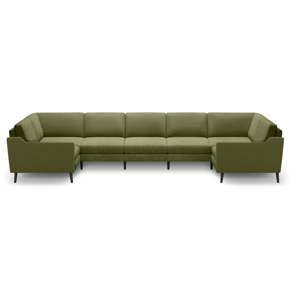 Large olive green fabric U-shaped sectional sofa with cushioned seats and backs, slim armrests, and dark wooden legs.