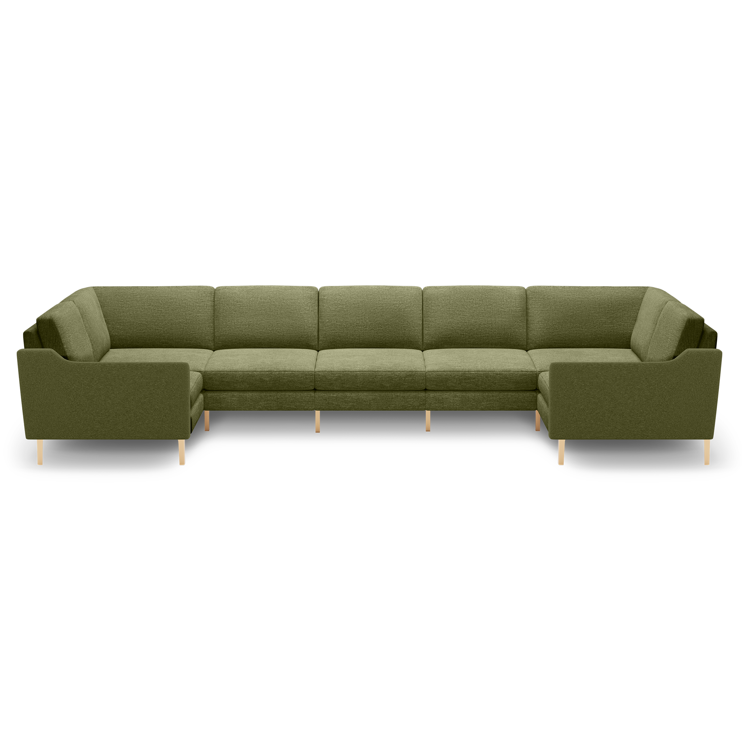 Large olive green fabric sectional sofa with sleek wooden legs and cushioned seats and backs.