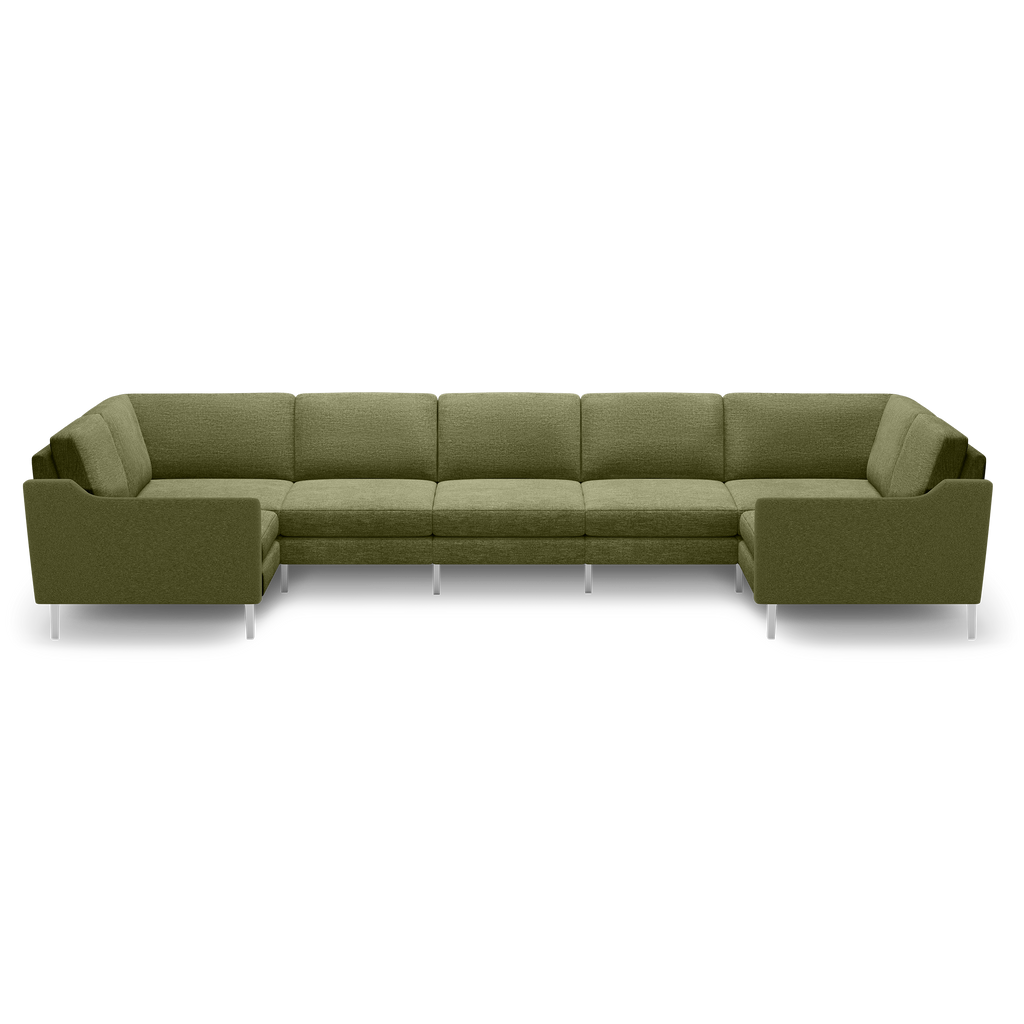 Olive green large U-shaped sectional sofa with metal legs and cushioned seats and backrests, soft fabric upholstery.