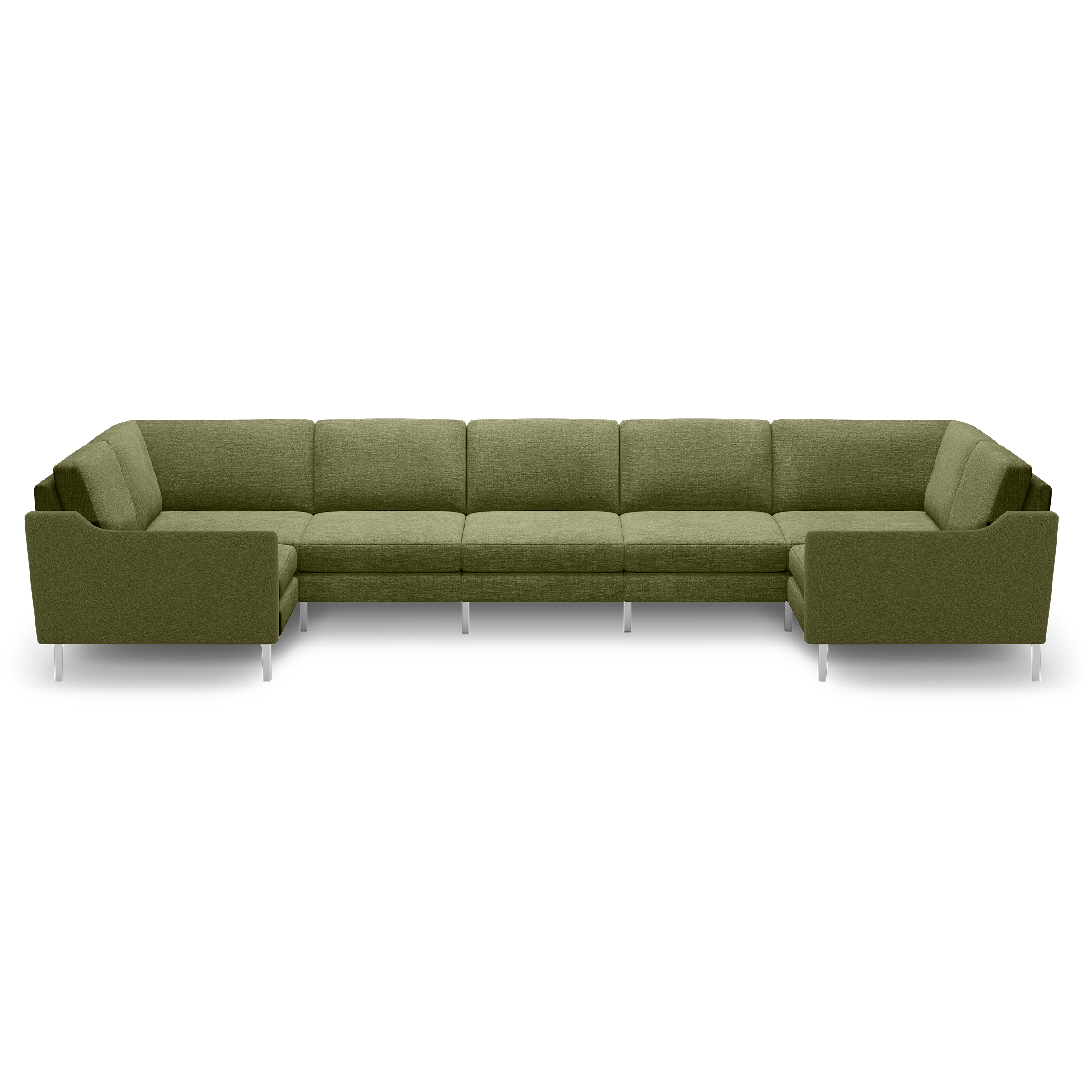 Olive green large U-shaped sectional sofa with metal legs and cushioned seats and backrests, soft fabric upholstery.