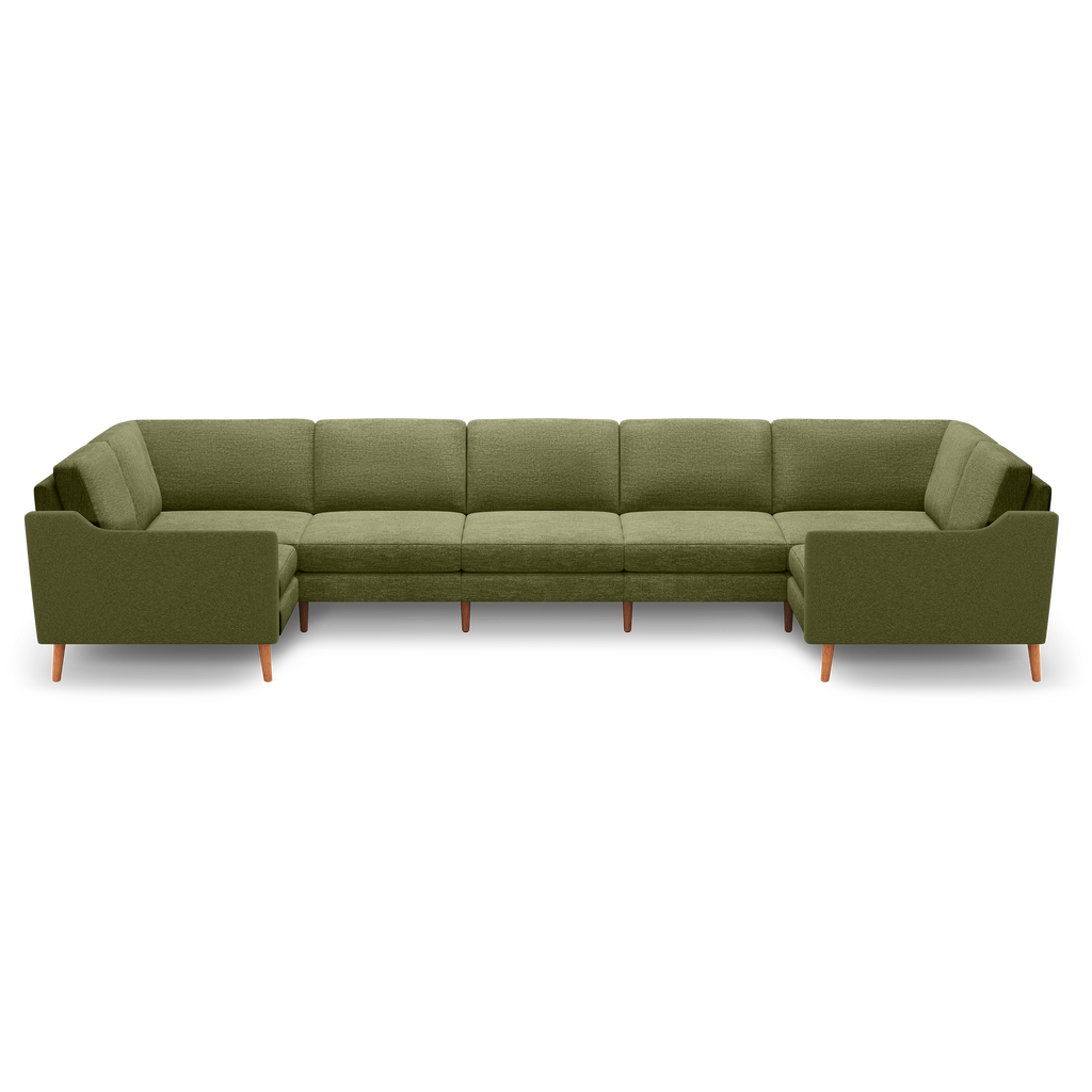 Olive green fabric sectional sofa with wooden legs, featuring clean lines and cushioned seats and backs, designed for spacious seating.