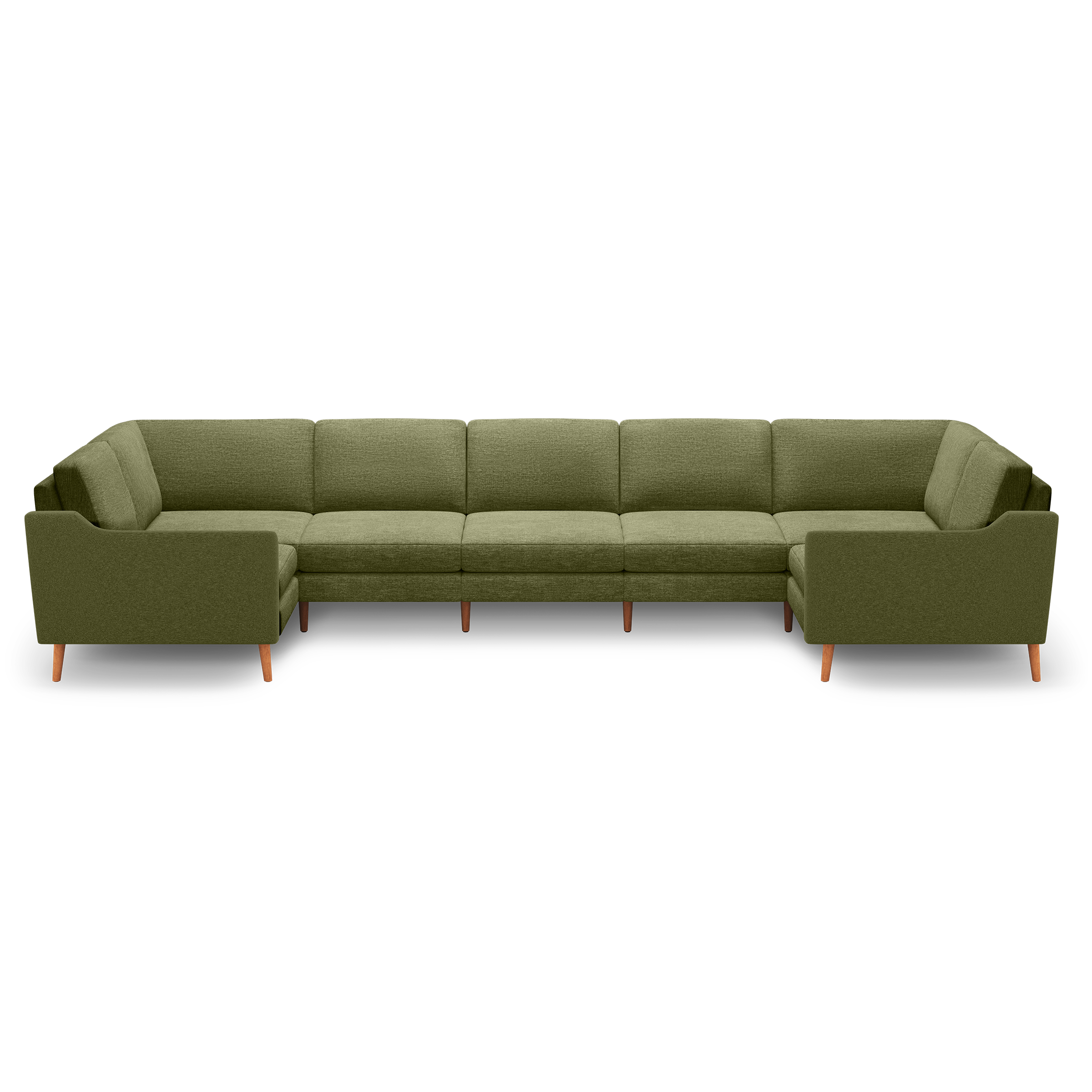 Olive green fabric sectional sofa with wooden legs, featuring clean lines and cushioned seats and backs, designed for spacious seating.