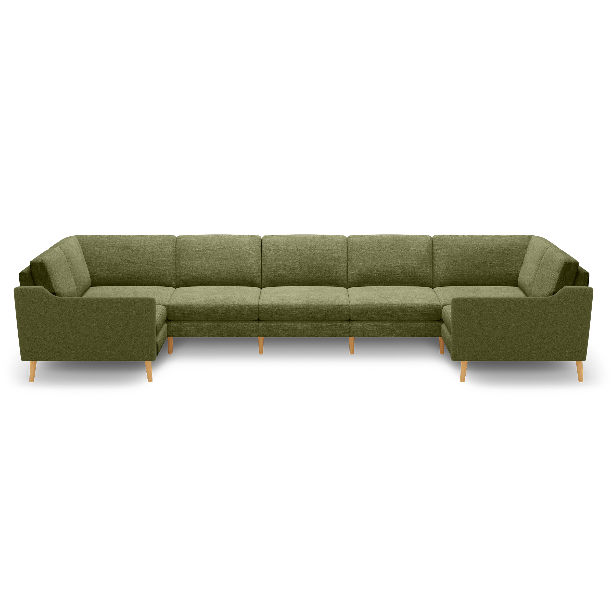Large olive green sectional sofa with wooden legs, featuring clean lines and cushioned seats and backs.