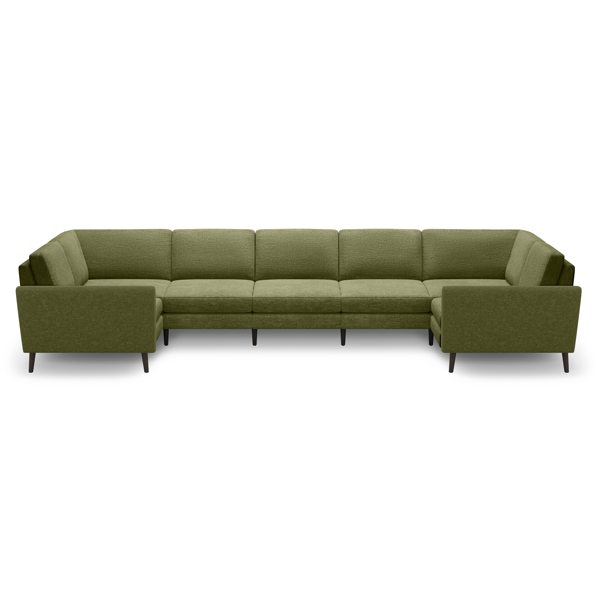Large olive green fabric U-shaped sectional sofa with clean lines, cushioned seats, and dark wooden legs.