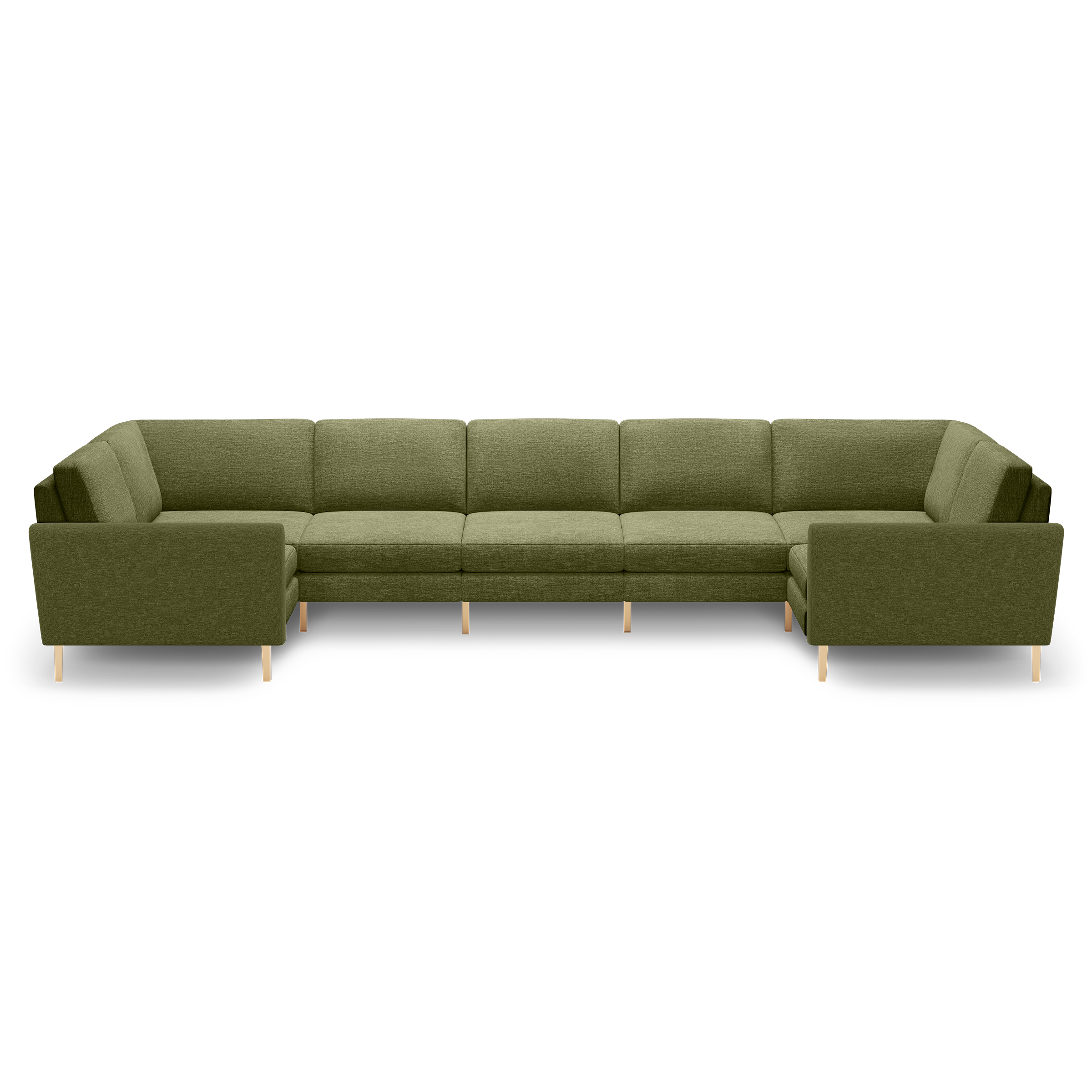 Large olive green fabric sectional sofa with clean lines, cushioned seats, and natural wooden legs, designed for spacious seating.