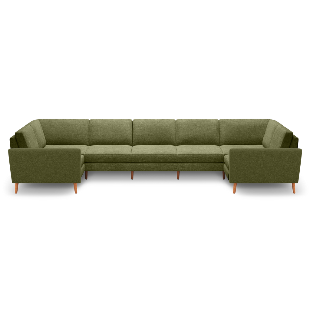 Large olive green U-shaped sectional sofa with clean lines, tufted cushions, and wooden tapered legs.
