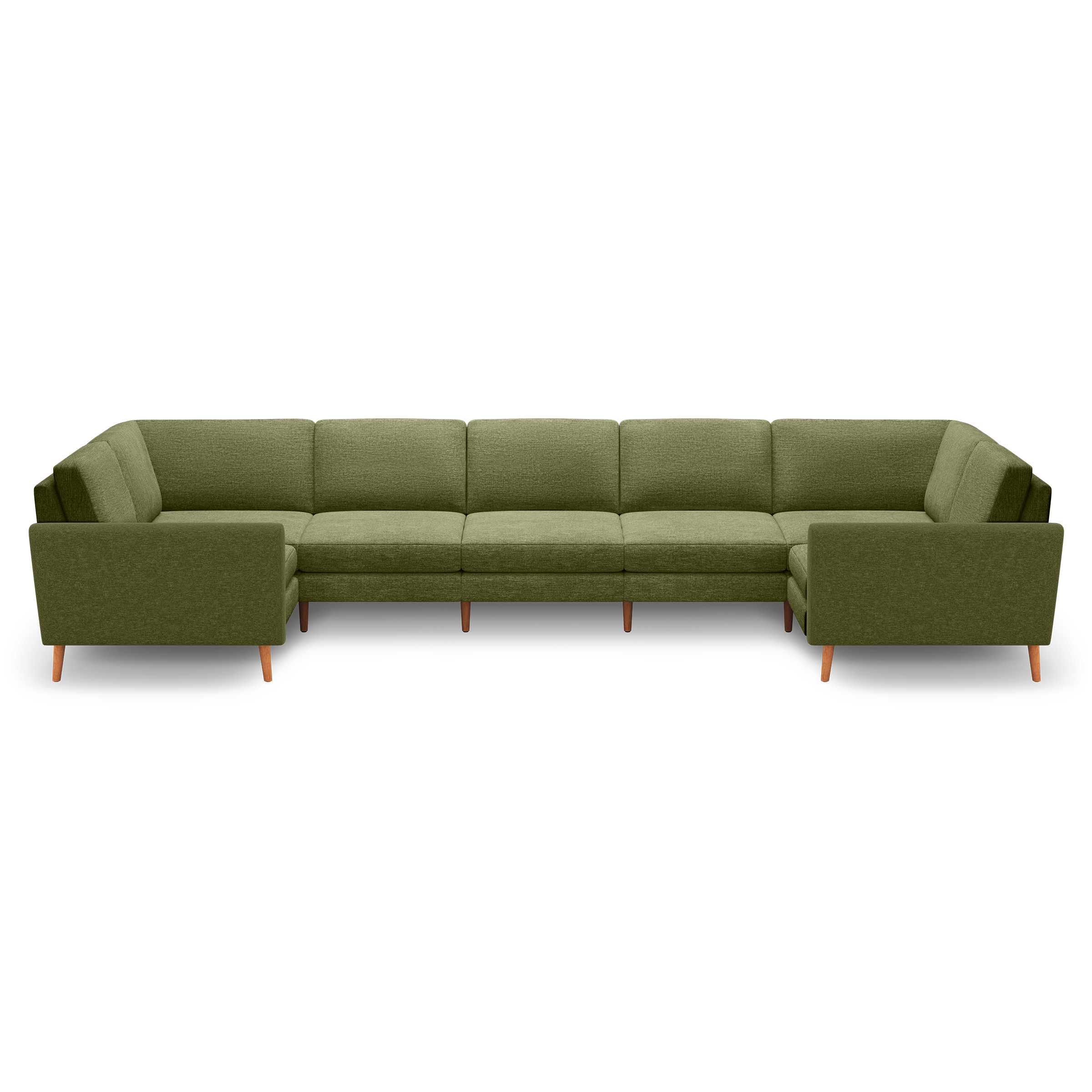 Large olive green U-shaped sectional sofa with clean lines, tufted cushions, and wooden tapered legs.