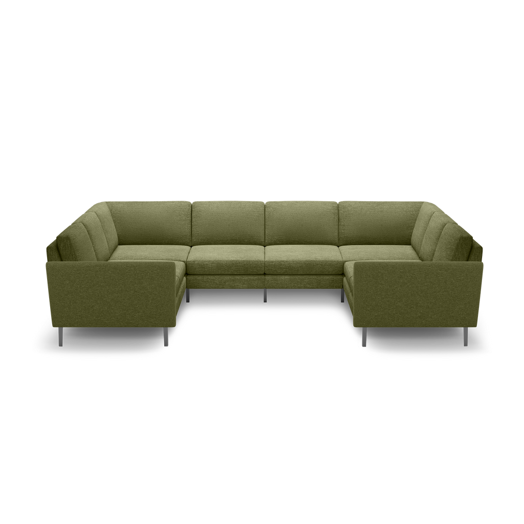 Olive green, modern U-shaped sectional sofa with clean lines, tufted cushions, and slim metal legs.