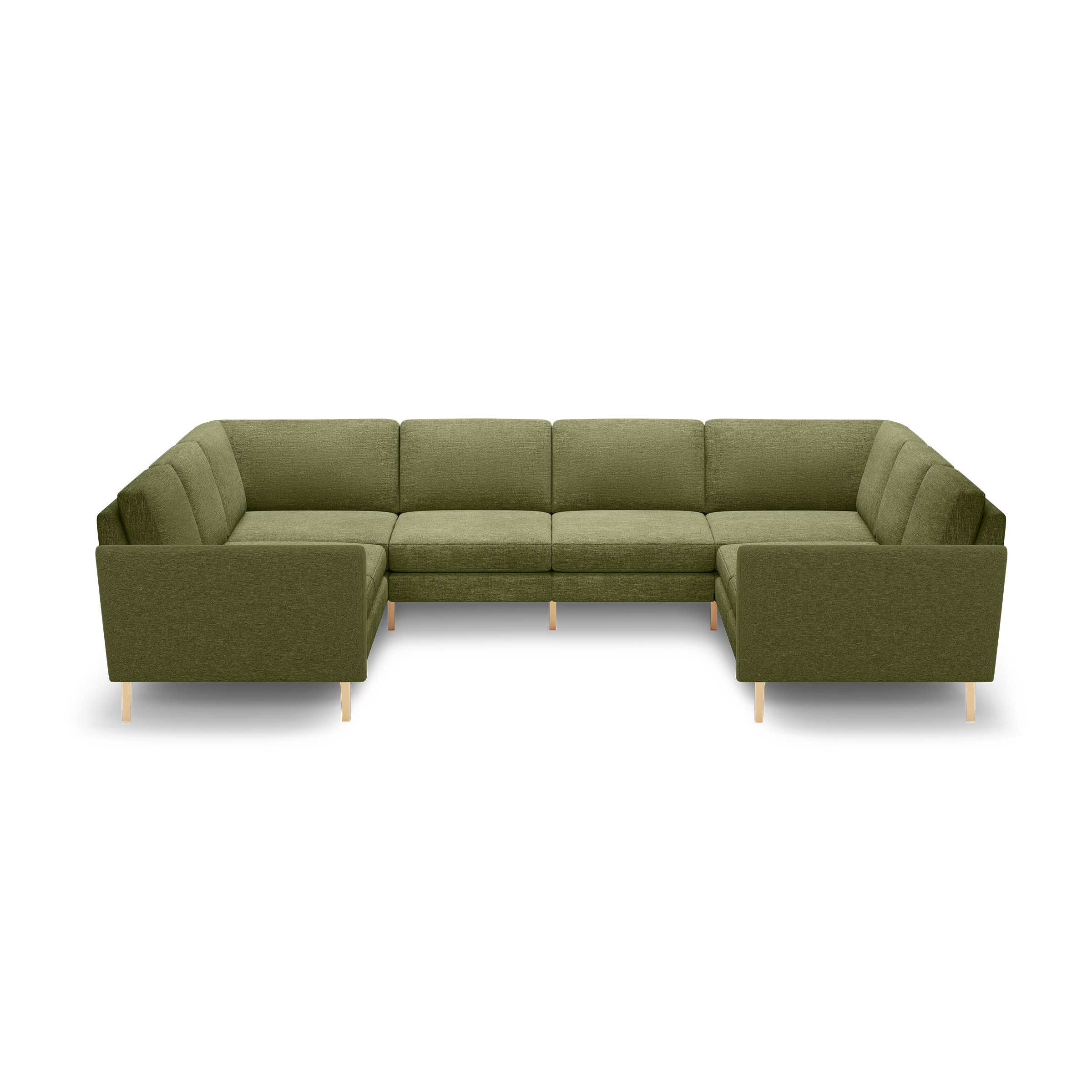 Large olive green U-shaped sectional sofa with clean lines, cushioned seats, and light wooden legs on black background.