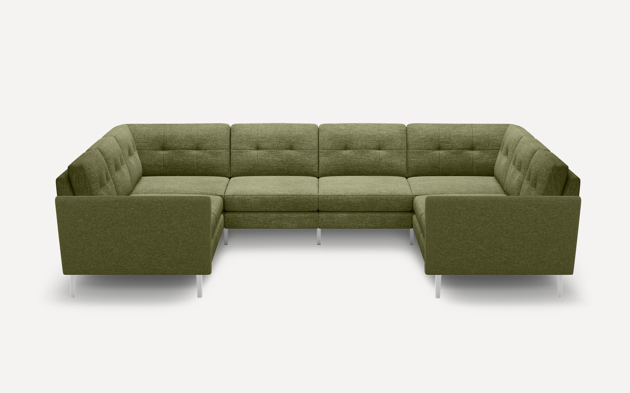 Modern olive green upholstered sectional sofa with tufted backrests and slim metal legs in an L-shaped configuration.