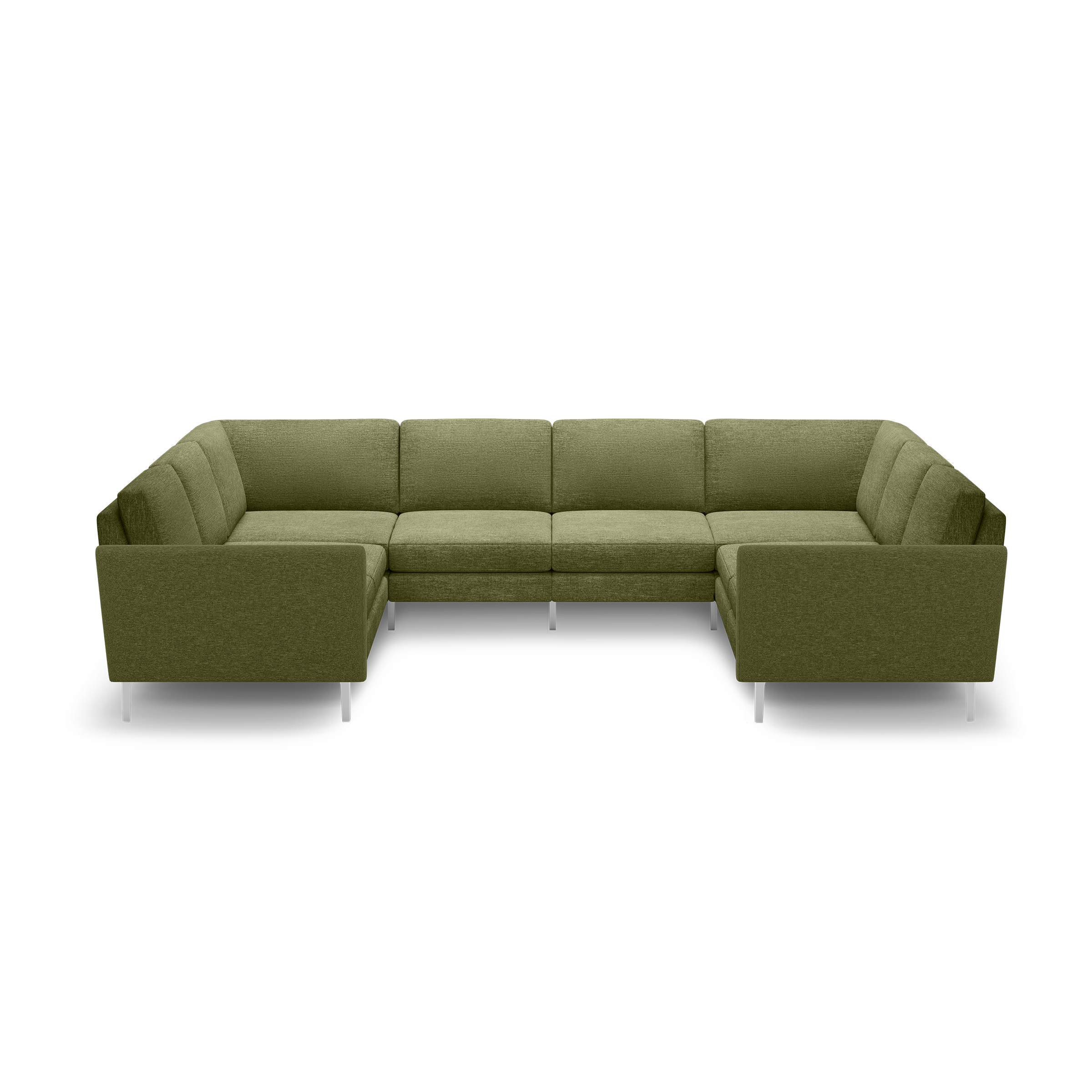 Large olive green fabric sectional sofa with modern, clean lines, tufted cushions, and metal legs, designed for spacious living rooms.