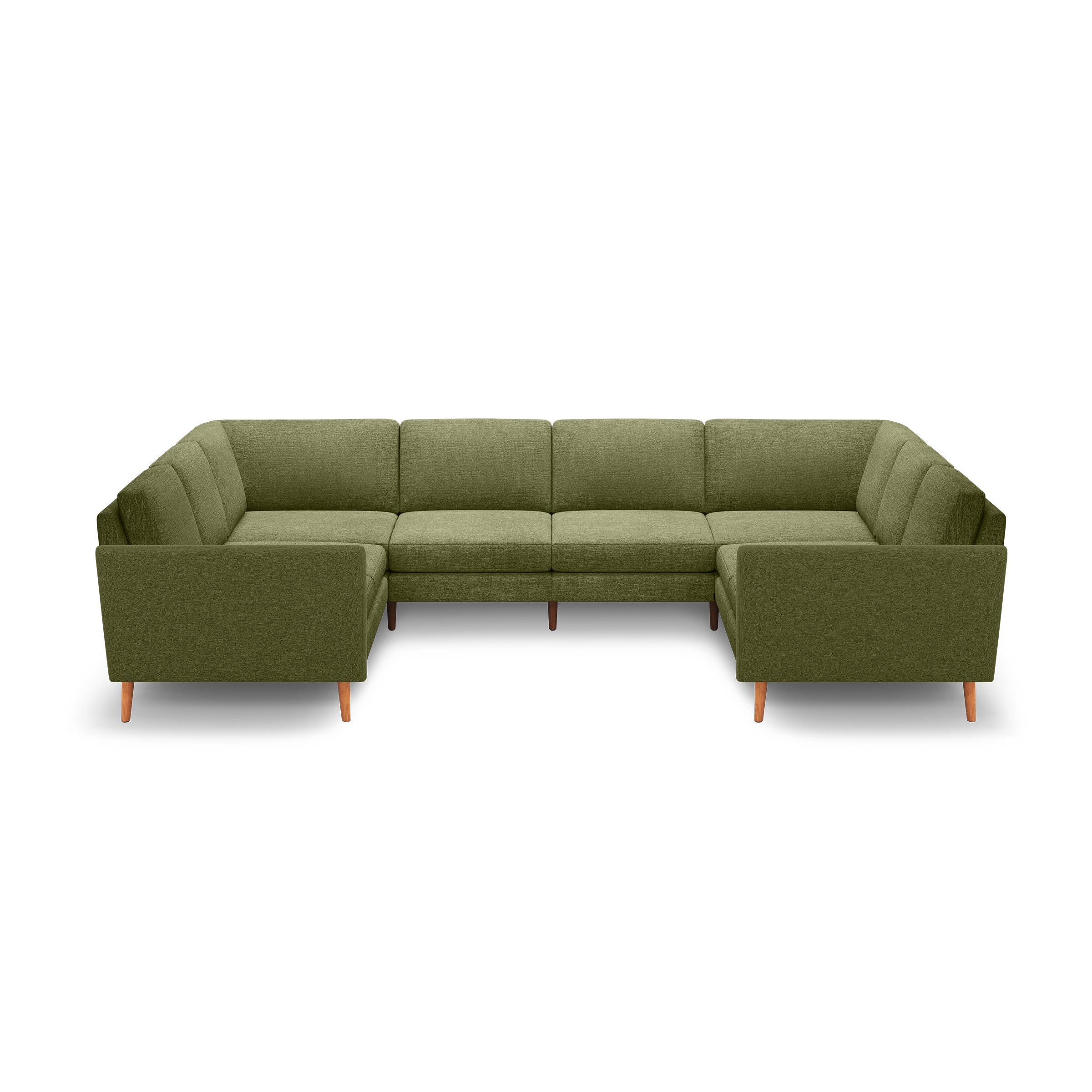 Modern U-shaped sectional sofa in olive green fabric with wooden legs, tufted cushions, and clean, straight-lined armrests.