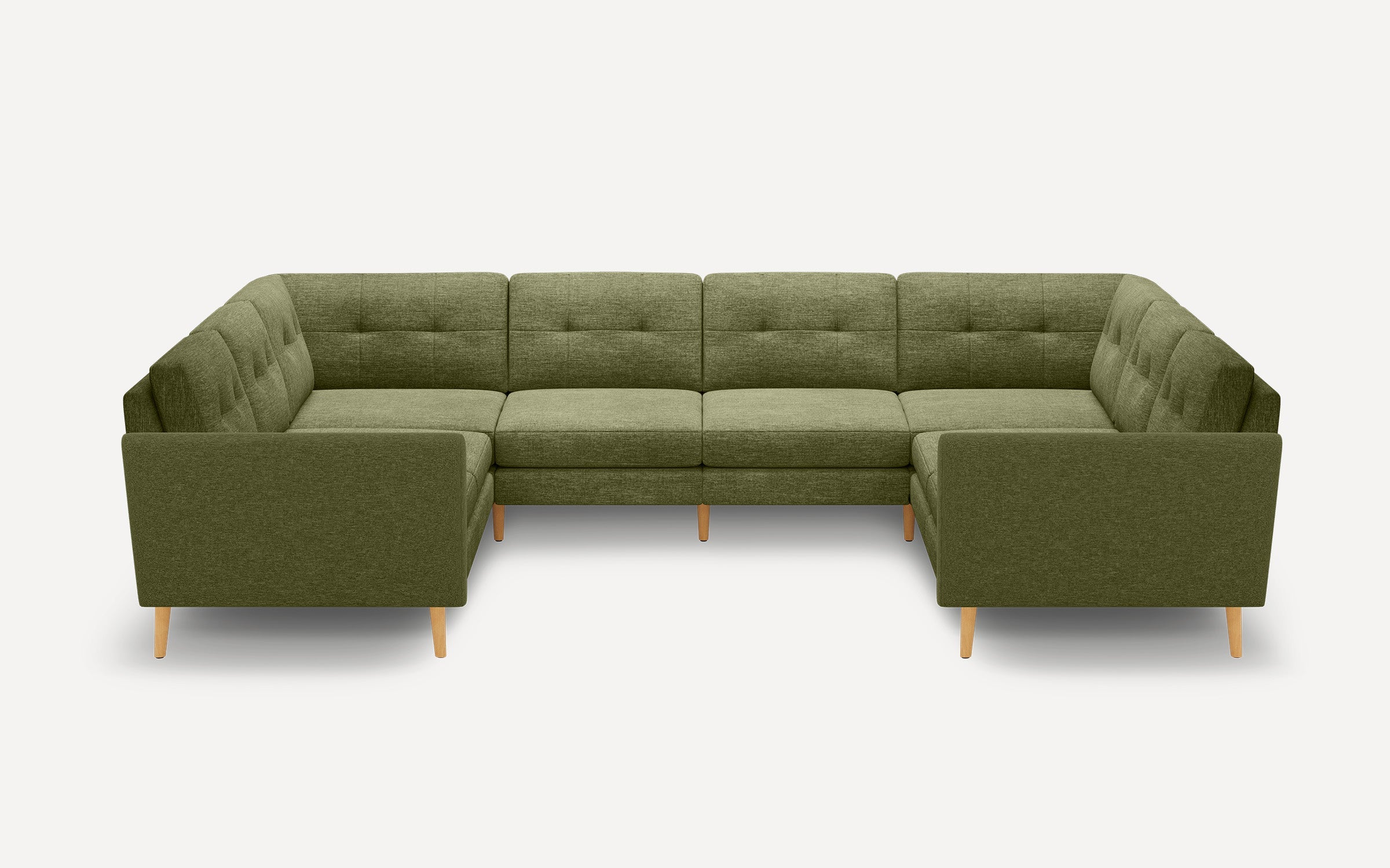 Olive green fabric sectional sofa with tufted backrests, mid-century modern design, and wooden tapered legs in U-shape configuration.