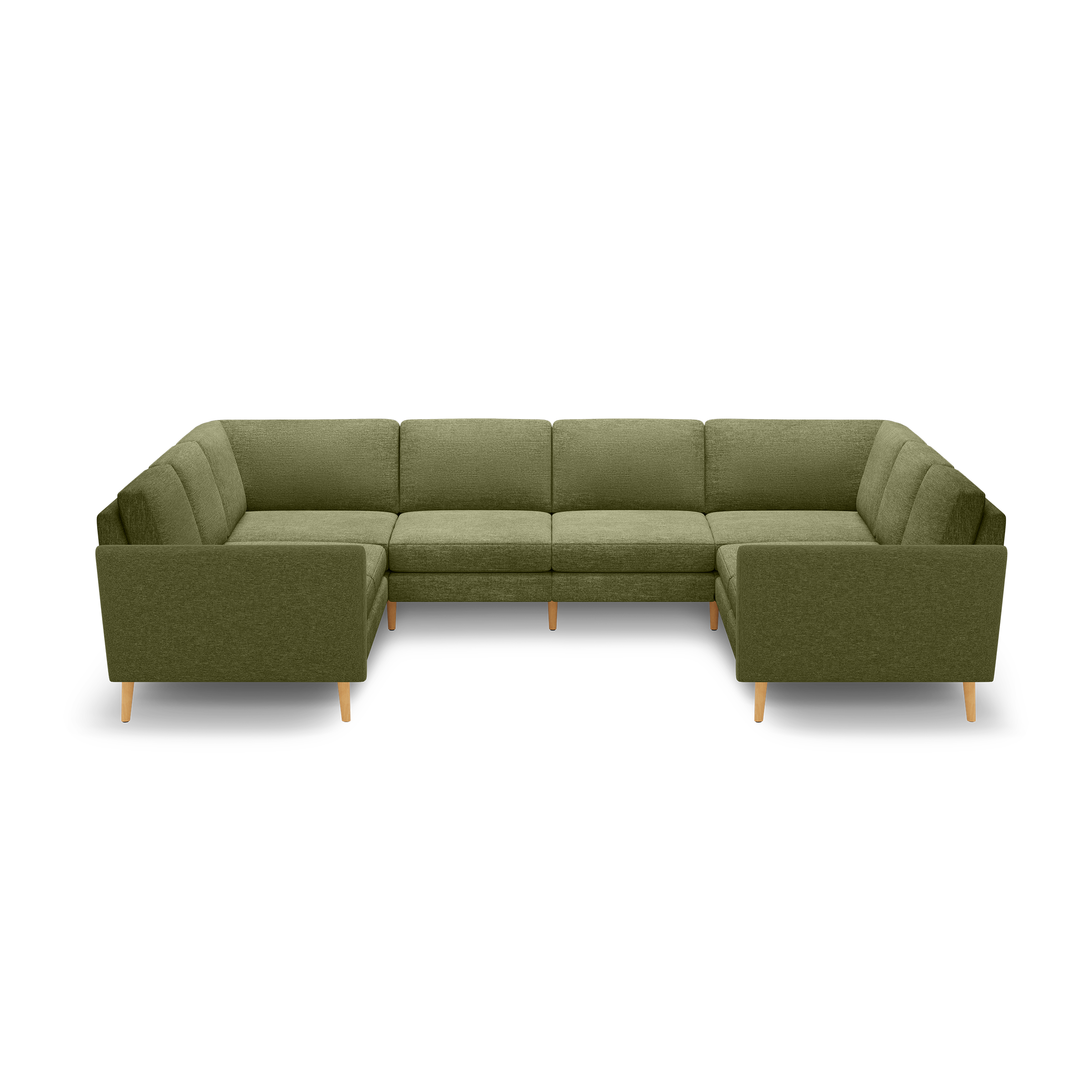 Large olive green sectional sofa with tufted cushions, square arms, and wooden tapered legs, shown on black background.