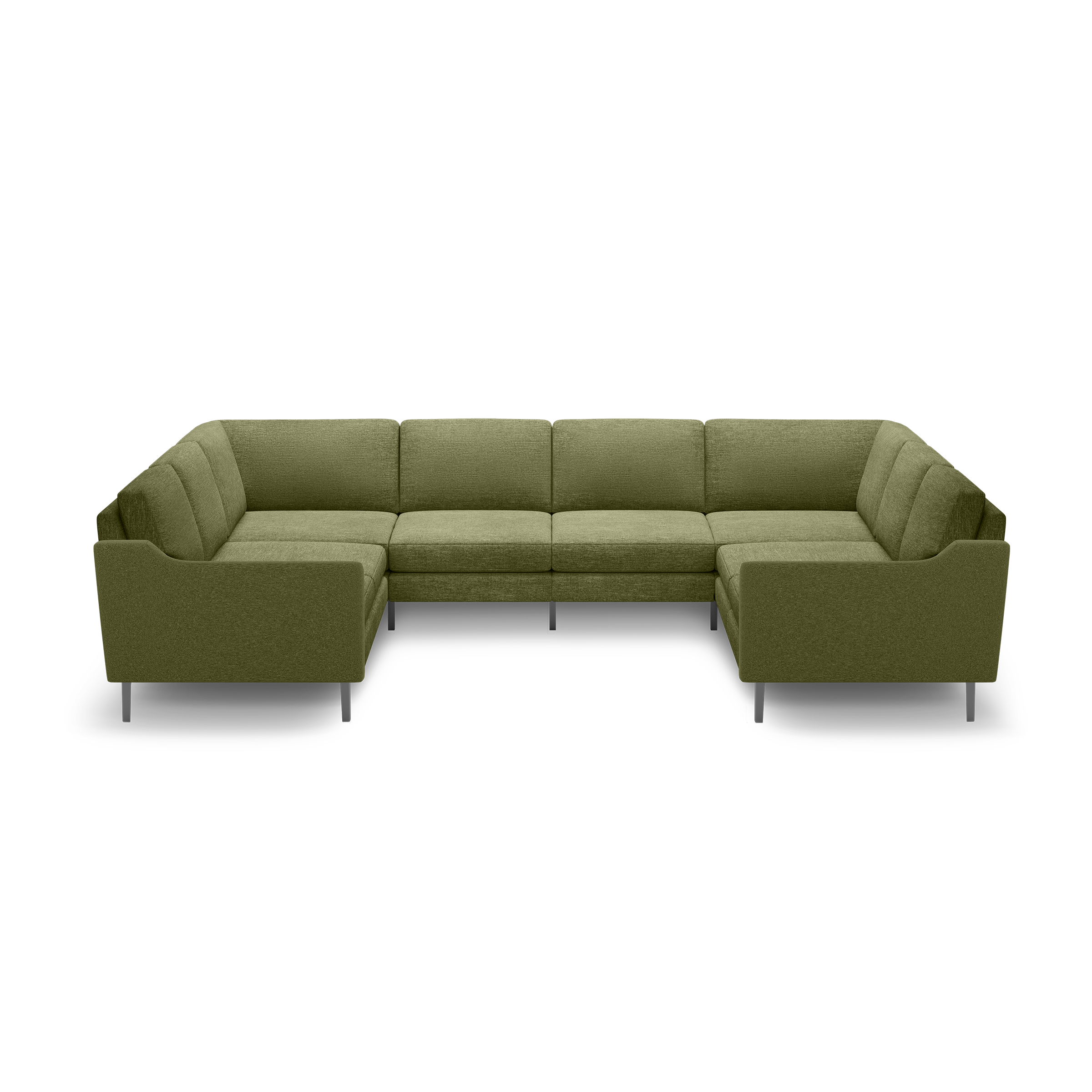 Modern U-shaped sectional sofa in olive green fabric with sleek armrests and metal legs, offering ample seating space.