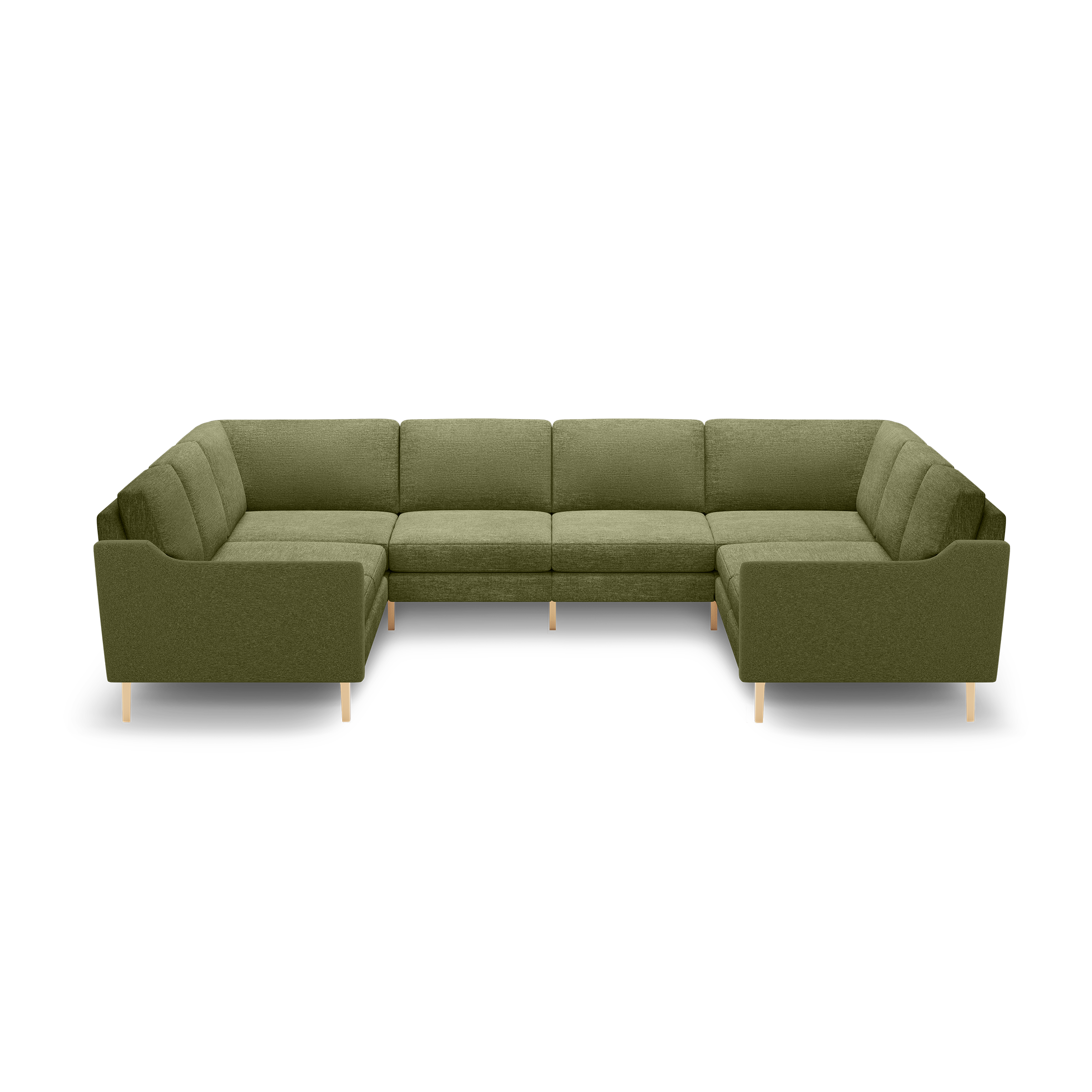 Olive green U-shaped sectional sofa with tufted cushions, straight armrests, and light wooden legs.