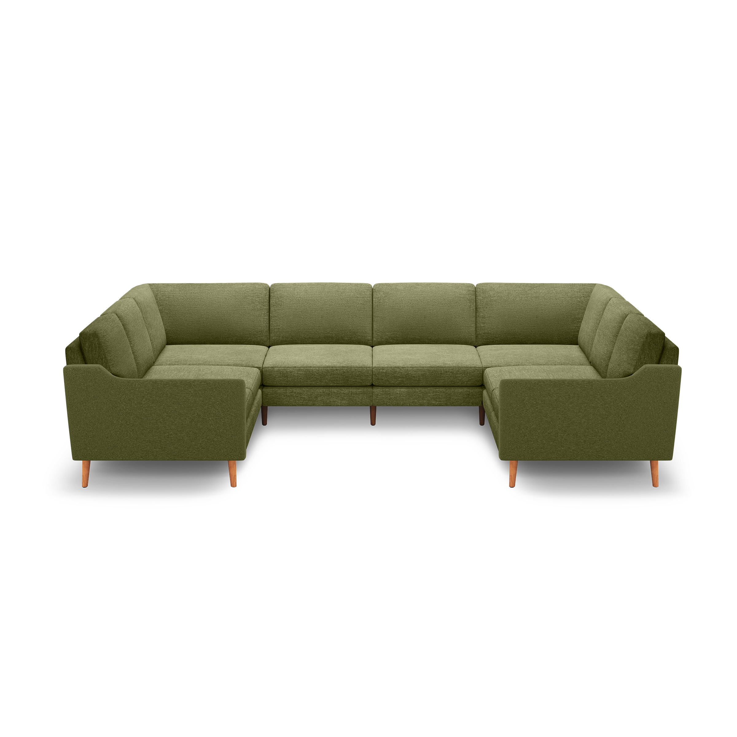 Olive green L-shaped sectional sofa with mid-century wooden legs and plush cushioned seats and backrests.