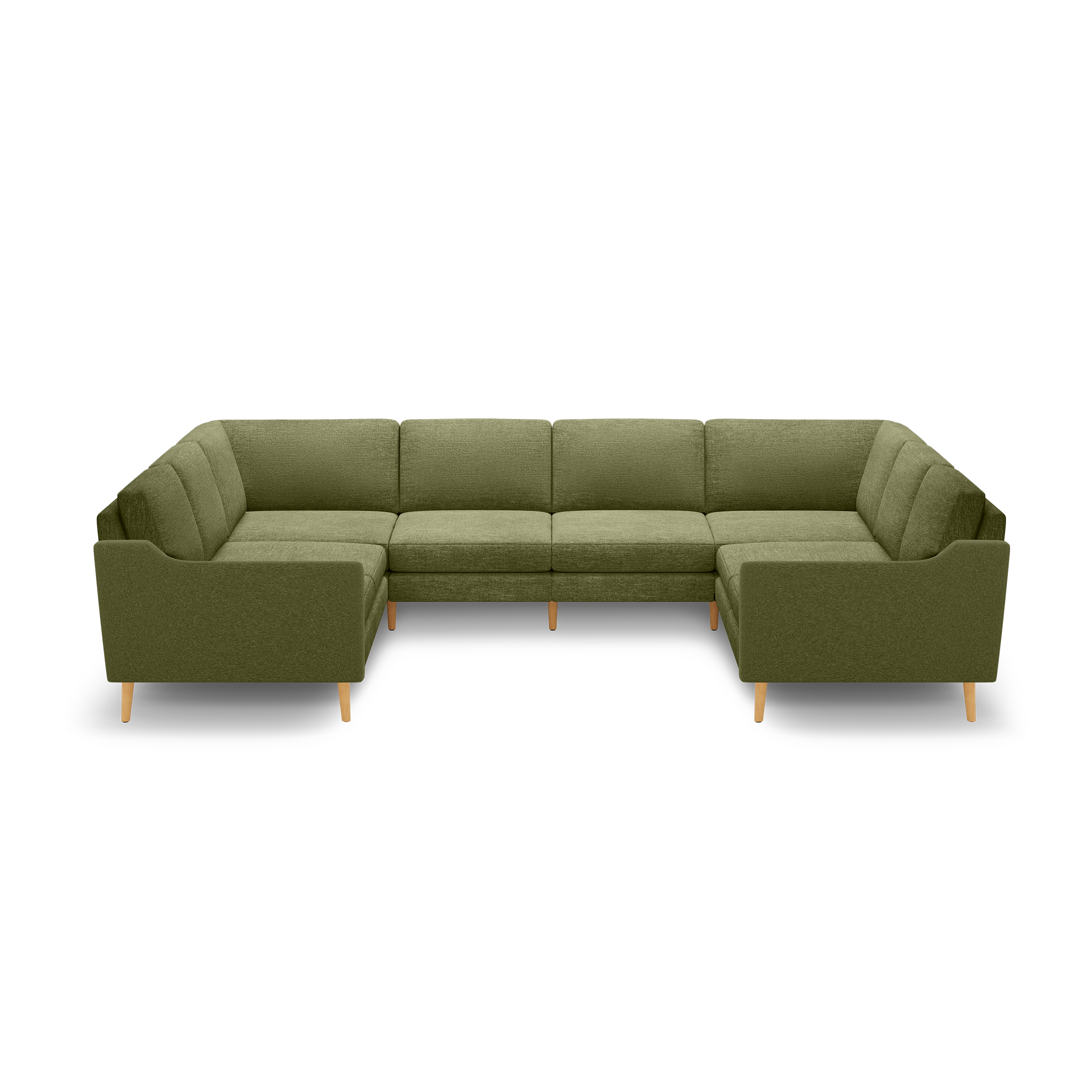 Olive green U-shaped sectional sofa with tufted cushions, wooden legs, and modern, clean lines against a black background.