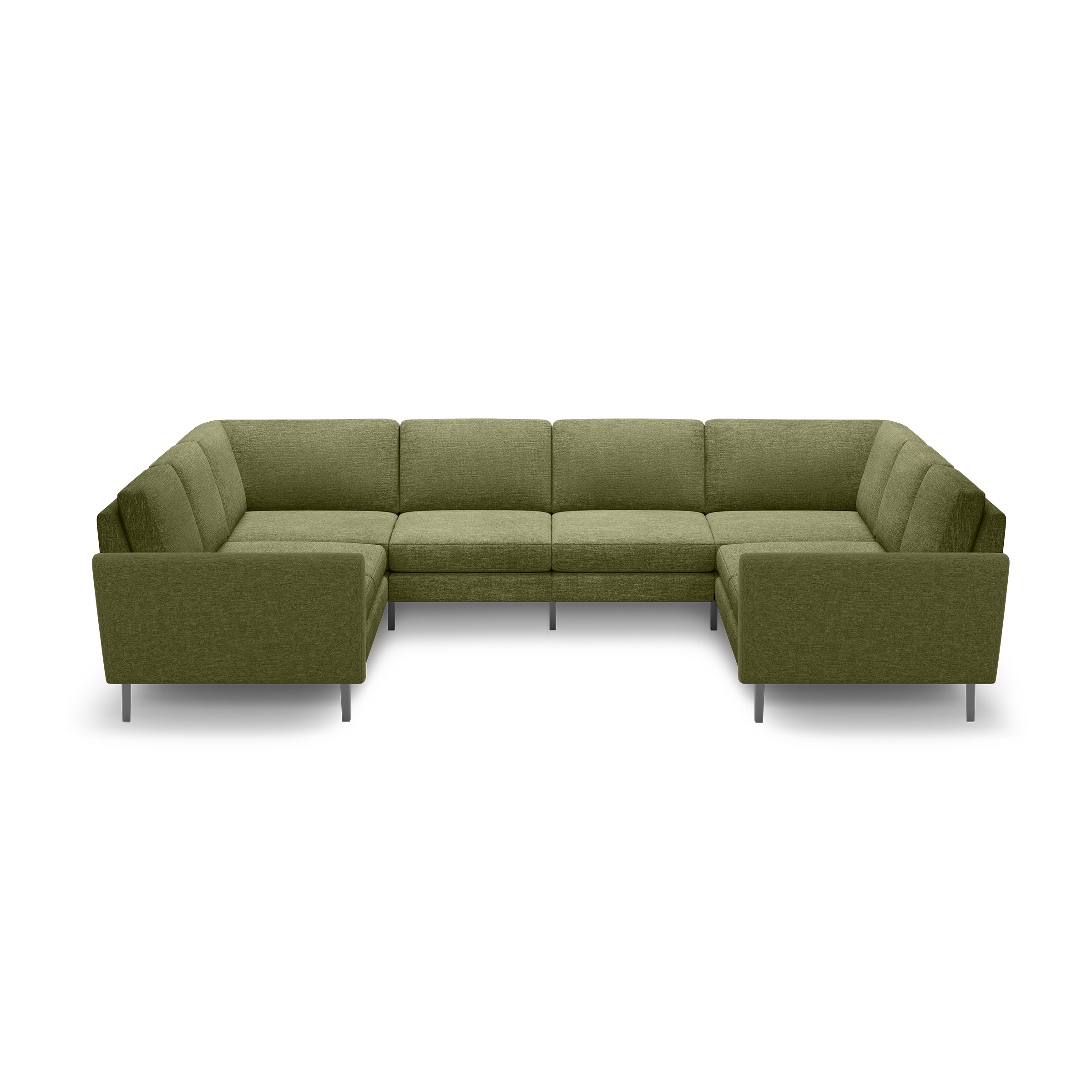 Olive green U-shaped sectional sofa with tufted cushions and sleek metal legs, designed for spacious seating.